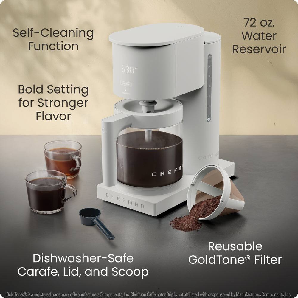 Self-Cleaning Function  
72 oz. Water Reservoir  
Bold Setting for Stronger Flavor  
630 Caffeina  
CHEFMAN  
Dishwasher-Safe Carafe, Lid, and Scoop  
Reusable GoldTone® Filter  

GoldTone® is a registered trademark of Manufacturers Components, Inc. Chefman Caffeinator Drip is not affiliated with or sponsored by Manufacturers Components, Inc.