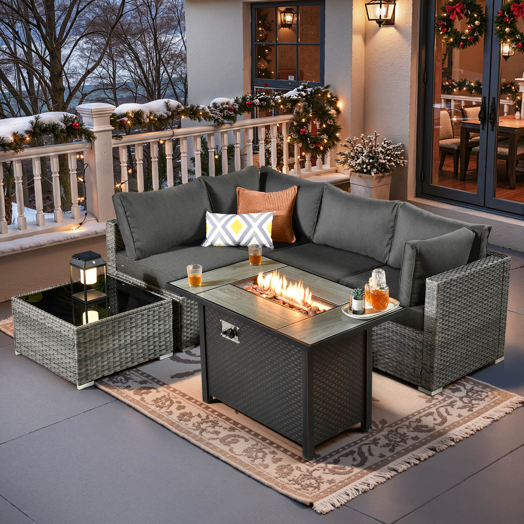Ovios - 6 PCS Wicker Patio Furniture Outdoor Sectional Sofa with Coffee Table & 42'' Firepit Table - Black