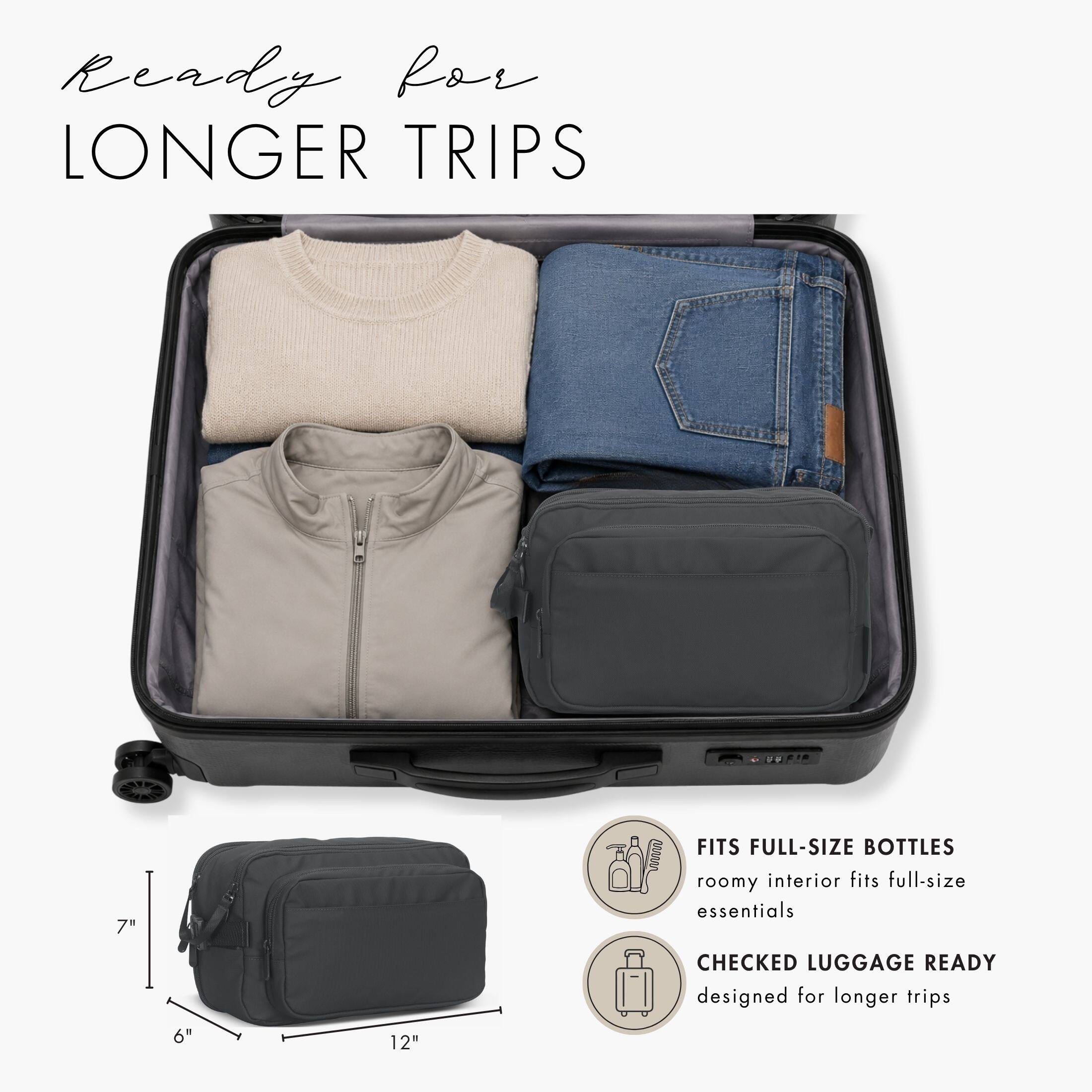 Ready for LONGER TRIPS

FITS FULL-SIZE BOTTLES
roomy interior fits full-size essentials

CHECKED LUGGAGE READY
designed for longer trips

7"  
6"  
12"