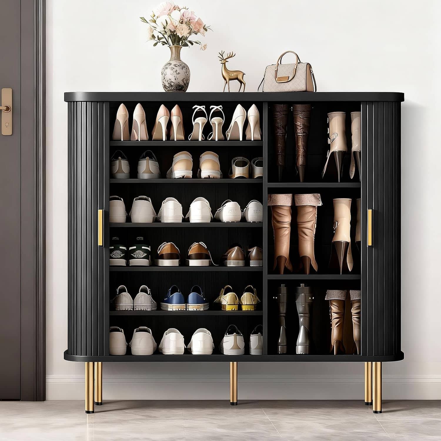 Tiramisubest - 47" 6-Tier Shoe Storage Cabinet with Sliding Door and Adjustable Shelves,Mid-Century Freestanding Shoe Storage Organizer - Black