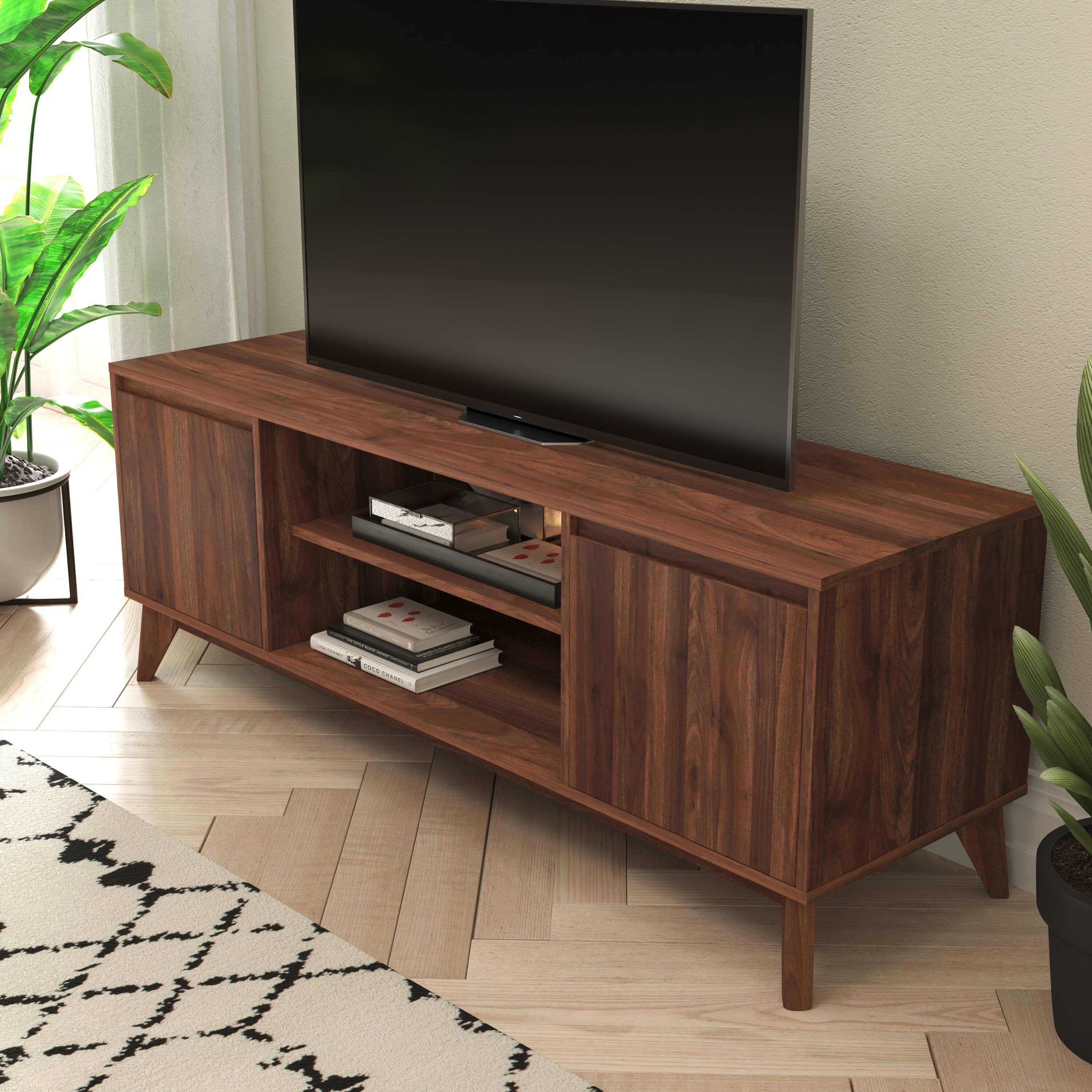 Alt View 3. Emma + Oliver - Beverly Mid-Century Modern Wooden TV Stand with Soft Close Doors, Shelf, Cord Management Hole and Tapered Legs - Dark Walnut.
