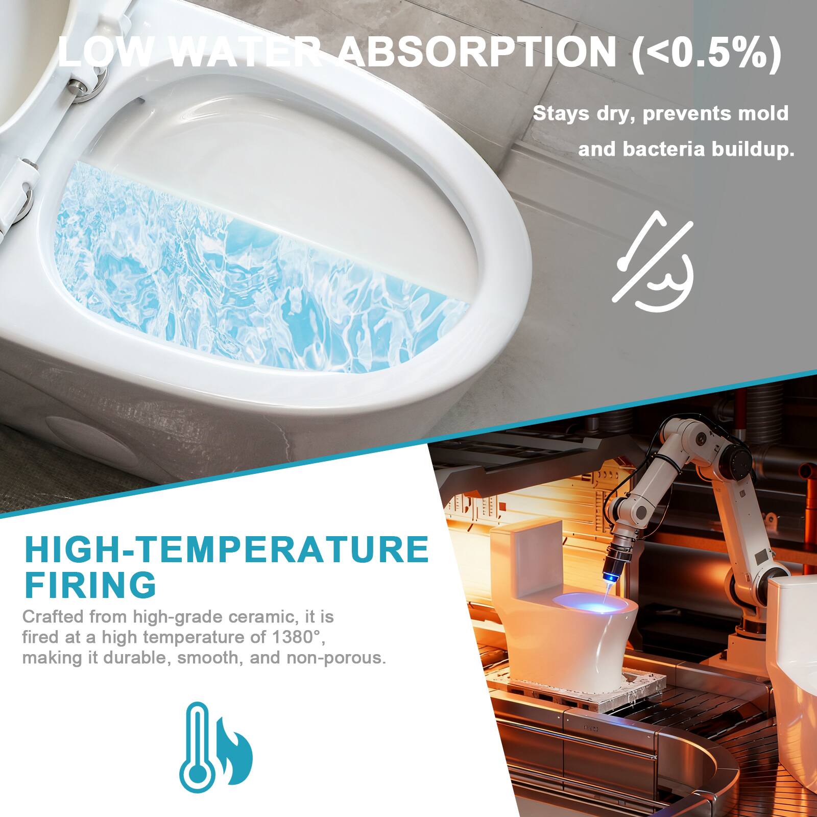 LOW WATER ABSORPTION (<0.5%)  
Stays dry, prevents mold and bacteria buildup.

HIGH-TEMPERATURE FIRING  
Crafted from high-grade ceramic, it is fired at a high temperature of 1380°, making it durable, smooth, and non-porous.