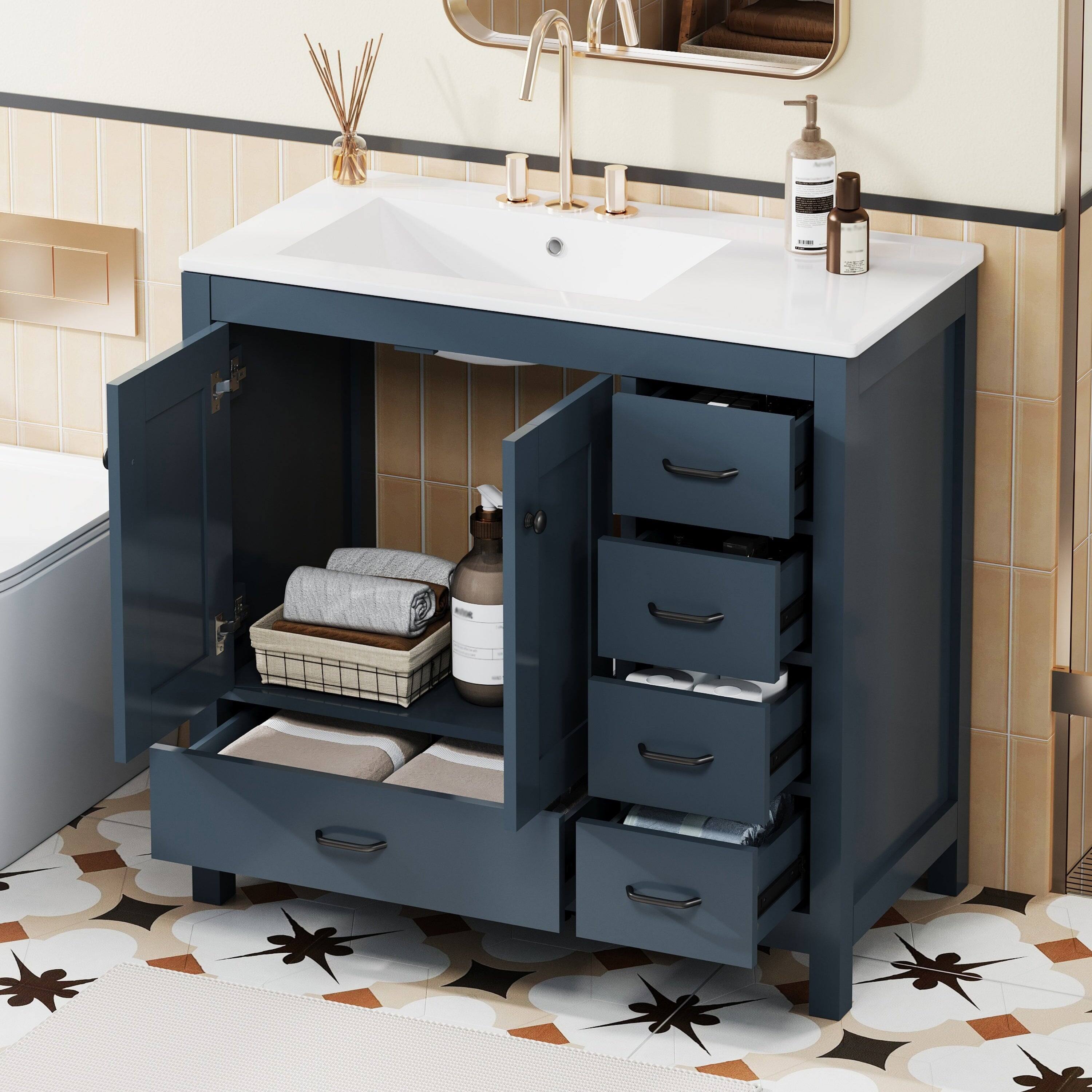 Alt View 5. Boyel Living - 36 Inch Blue Bathroom Vanity with Ceramic Sink, 2 Soft Close Doors, 5 Drawers - Gray.