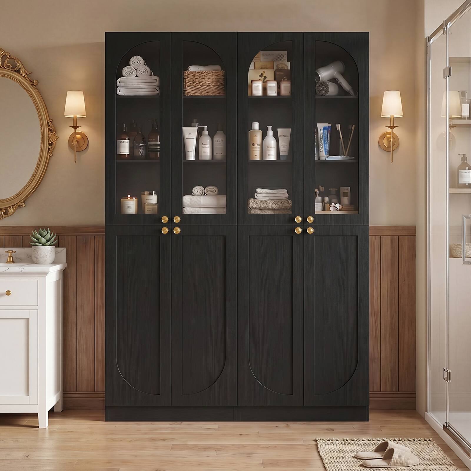 Front. Aheaplus - 47.2'' Wide 6-Tier Bathroom Storage Cabinet, Set of 2, with 8 Doors and Adjustable Shelves - Black.