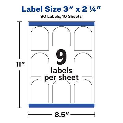 Label Size: 3" x 2 1/4"  
90 Labels, 10 Sheets  
11" x 8.5"  
9 labels per sheet