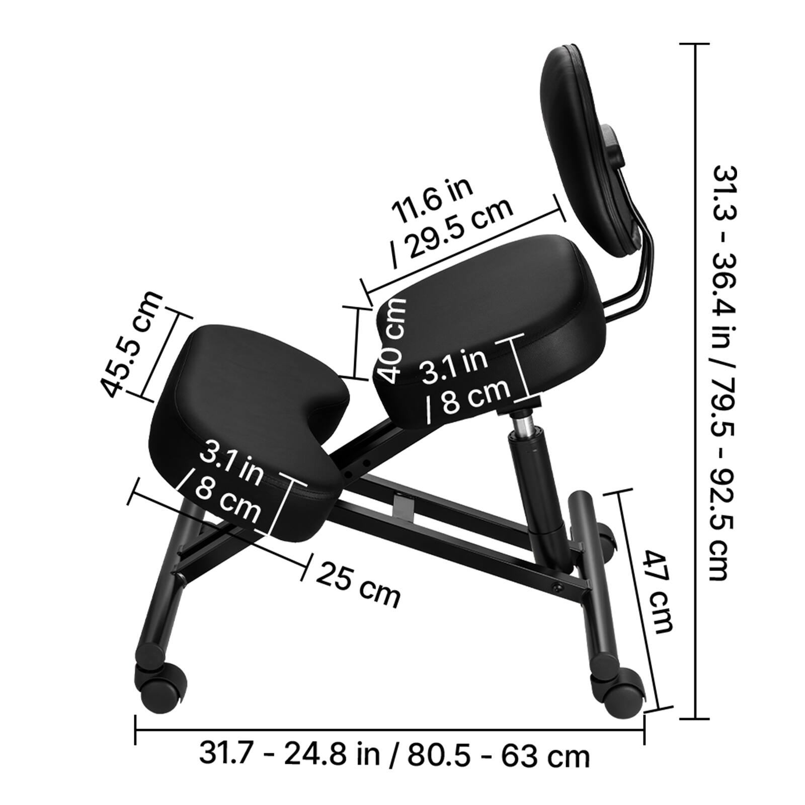 - Seat width: 45.5 cm
- Seat depth: 31.8 cm
- Backrest height: 40 cm
- Backrest width: 11.6 cm / 29.5 cm
- Armrest height: 3.1 in / 8 cm
- Seat height: 25 cm
- Overall height: 31.3 - 36.4 in / 79.5 - 92.5 cm
- Overall width: 47 cm
- Overall depth: 31.7 - 24.8 in / 80.5 - 63 cm