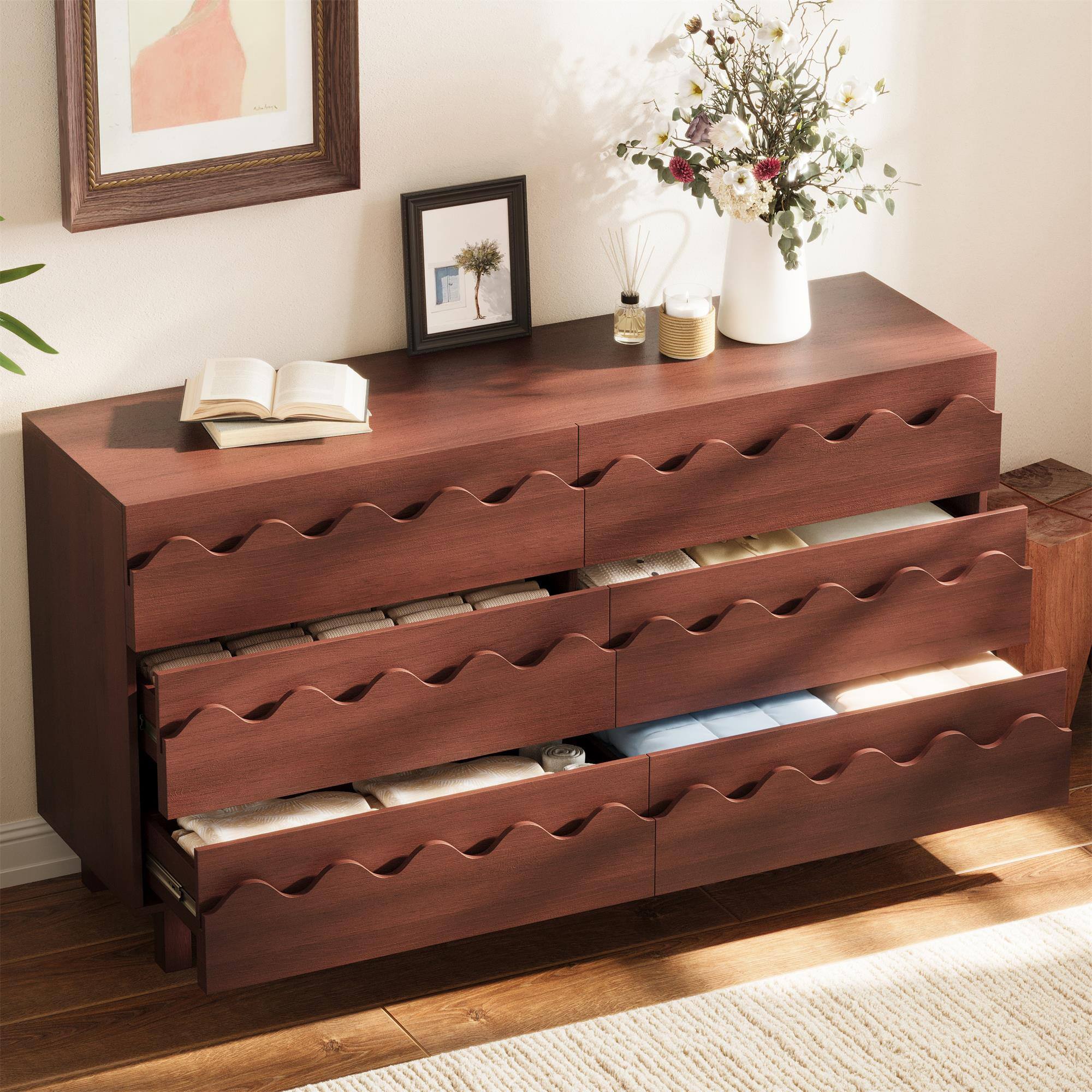 Alt View 2. Boyel Living - Walnut Modern 6 Drawer Dresser 60-in L x 18-in W x 33-in H Chest of Drawers with Solid Wood Legs for Bedroom Living Room - Walnut.