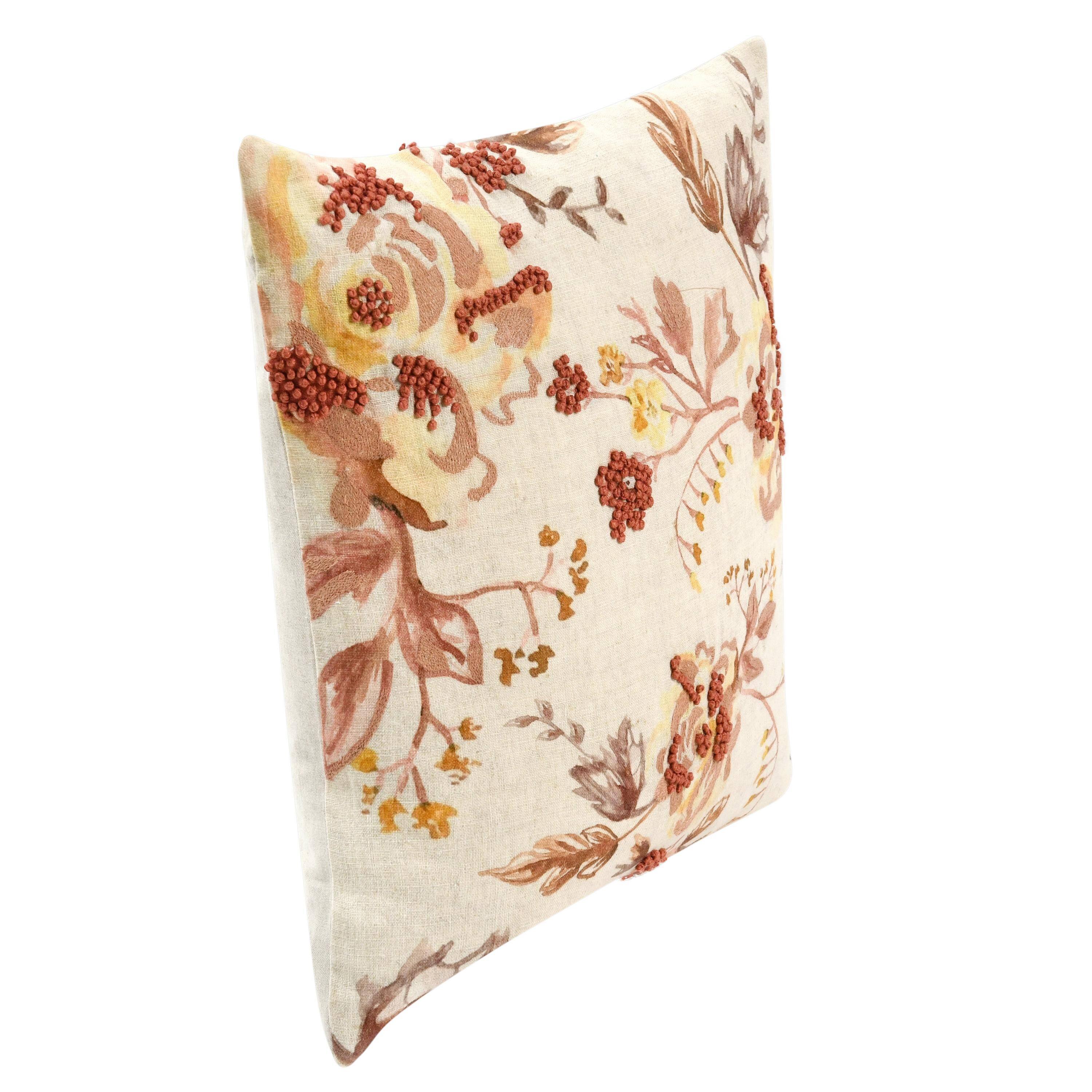 Back. Manhattan Lane - Square Accent Throw Pillow, 20 Inch, Hand Applied Floral Accents - Cream, Clay Brown.