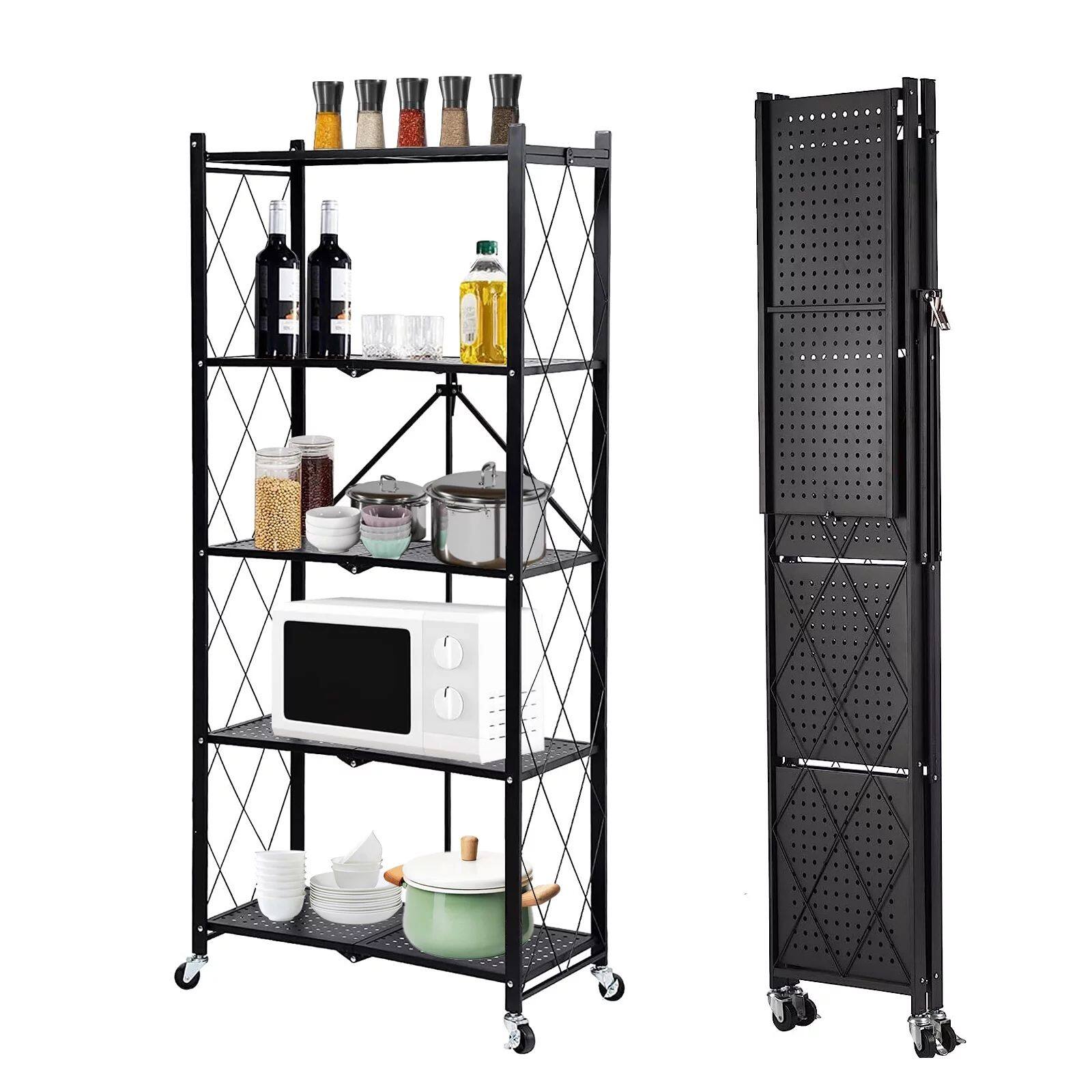 Alt View 5. Sugift - 5-Tier Foldable Storage Shelves, Metal Storage Rack with Wheels - Black.