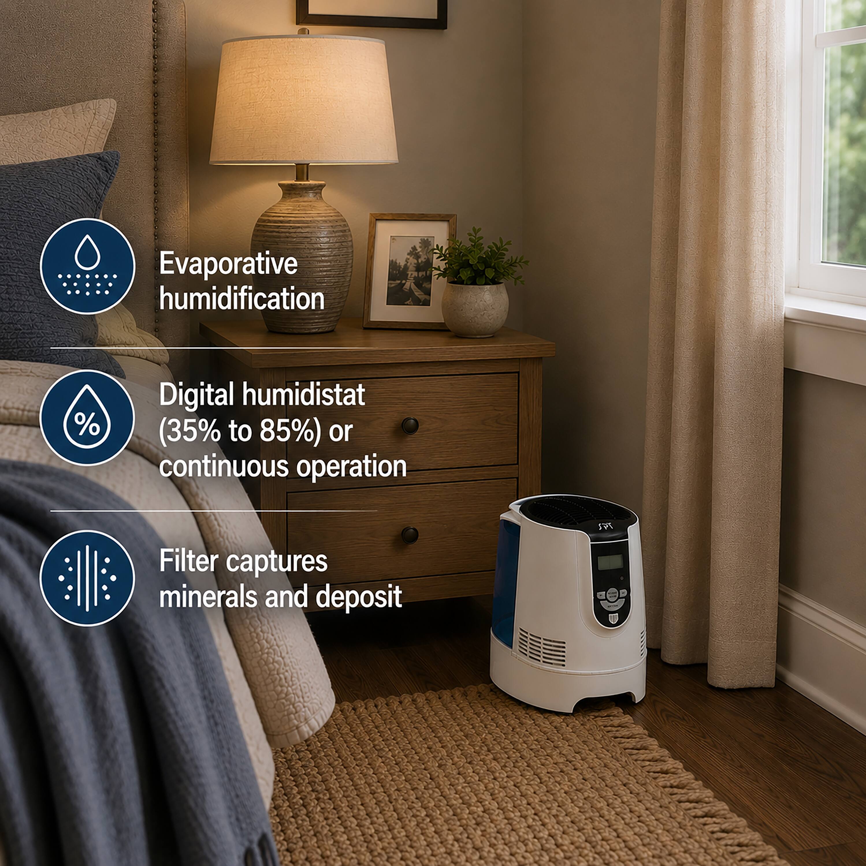 Evaporative humidification  
Digital humidistat (35% to 85%) or continuous operation  
Filter captures minerals and deposit