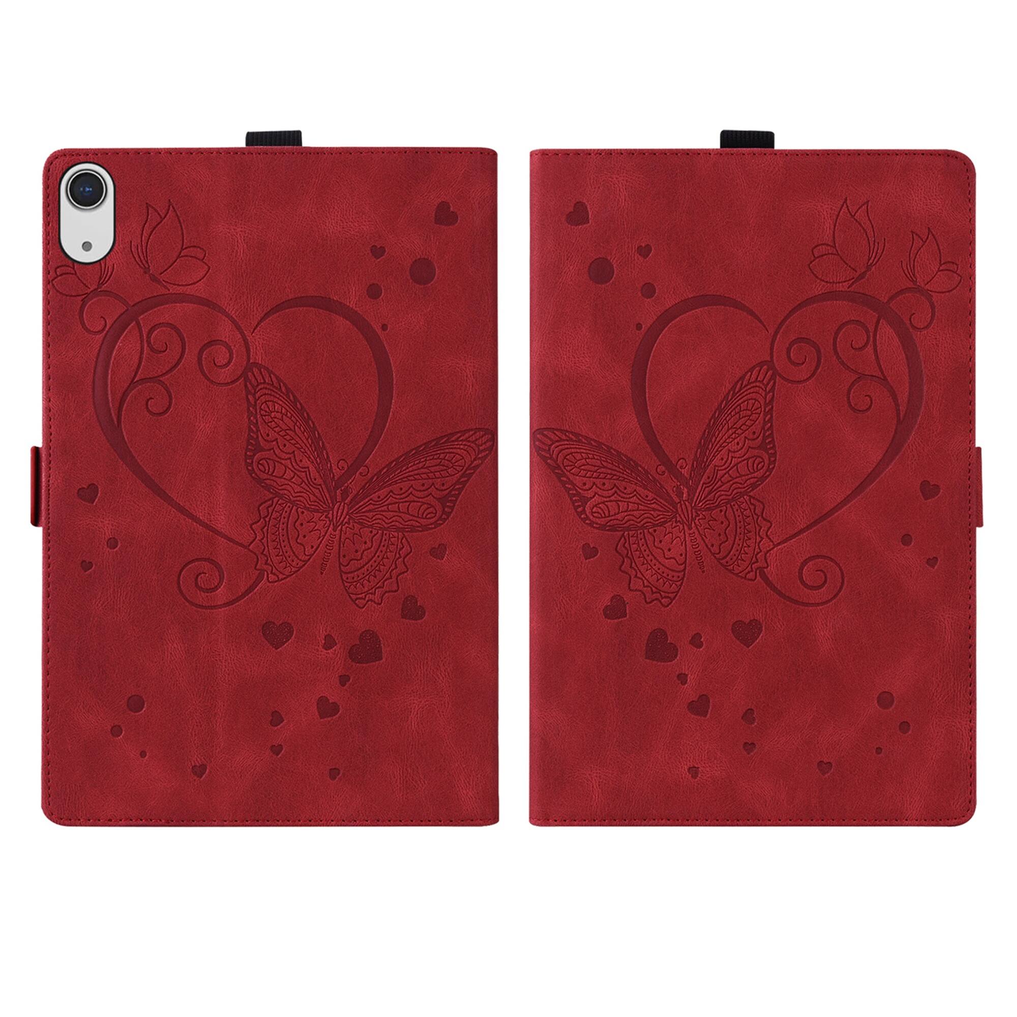 Left. Dteck - For Apple iPad (A16) 11" 2025 & iPad 10th 2022 PU Leather Embossed Butterfly Folio Case+Card Holder Flip Stand Cover - Red.