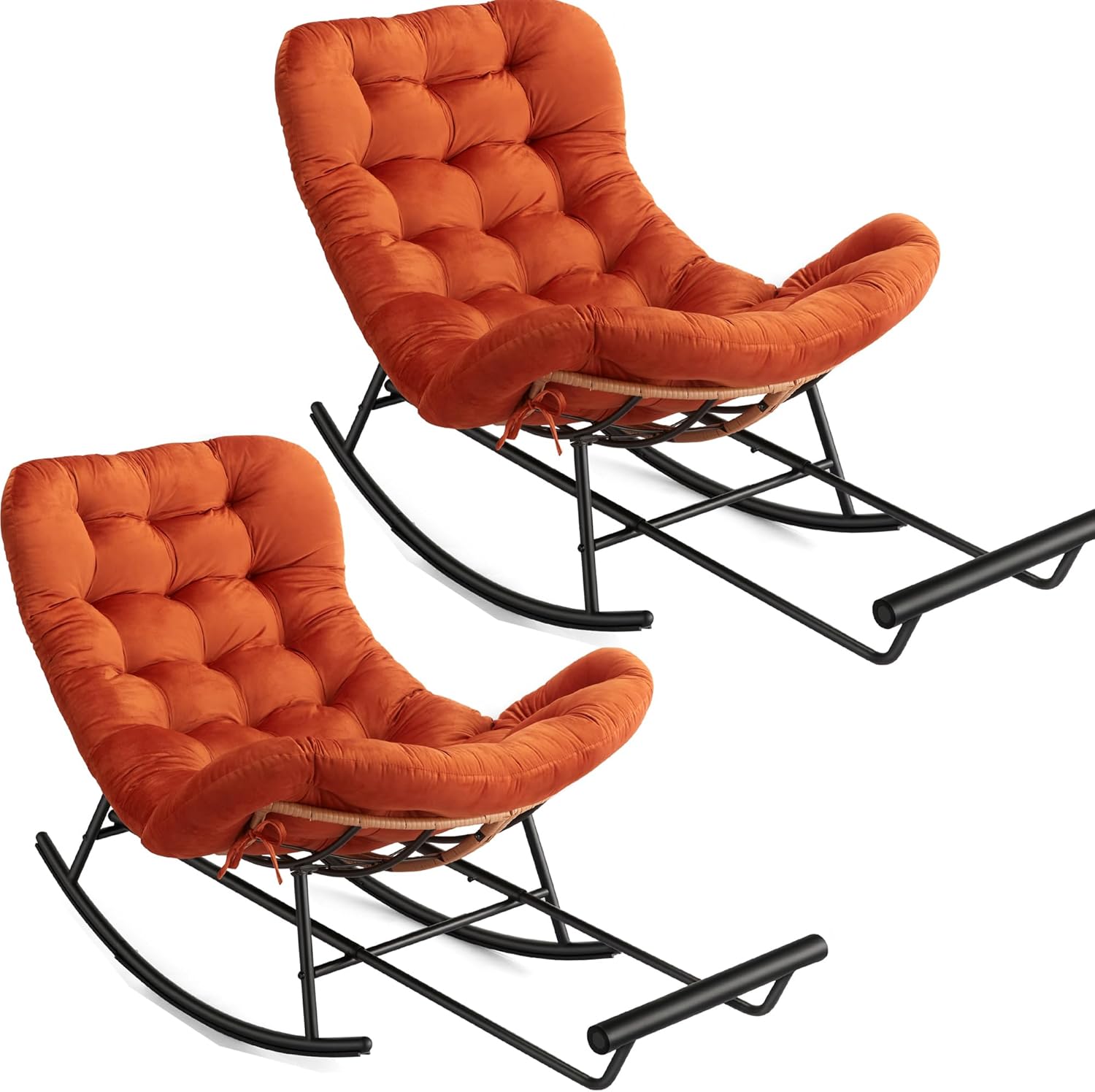 Front. Homhougo - 2 PCS Papasan Rocking Chairs with Footrest, Metal Frame Rattan Patio Rockers - ‎Orange.