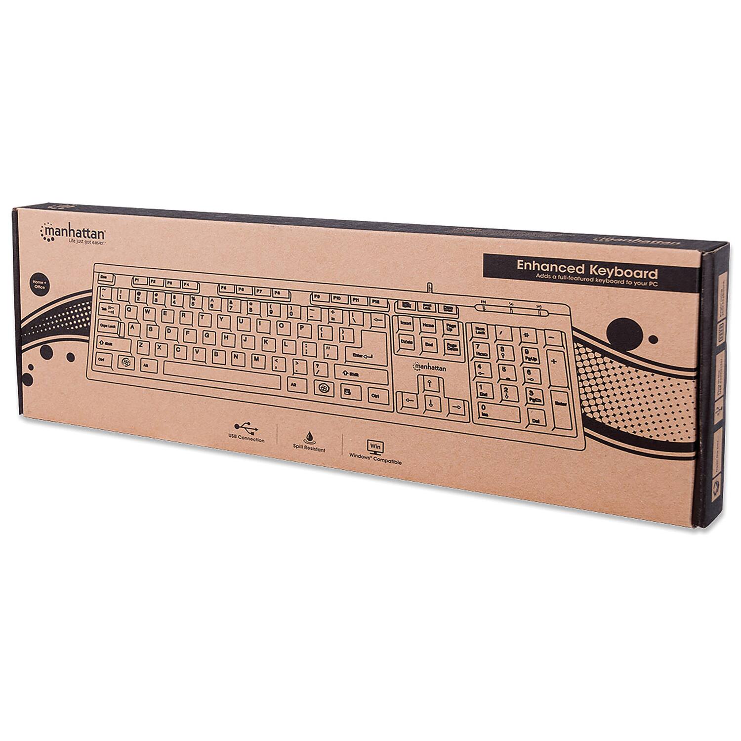 manhattan Enhanced Keyboard  
Adds a full-featured keyboard to your PC  

USB Connection  
Split Resistant  
Windows Compatible  

The 15 Connection  
Neus Rerishere Win  
Compatible