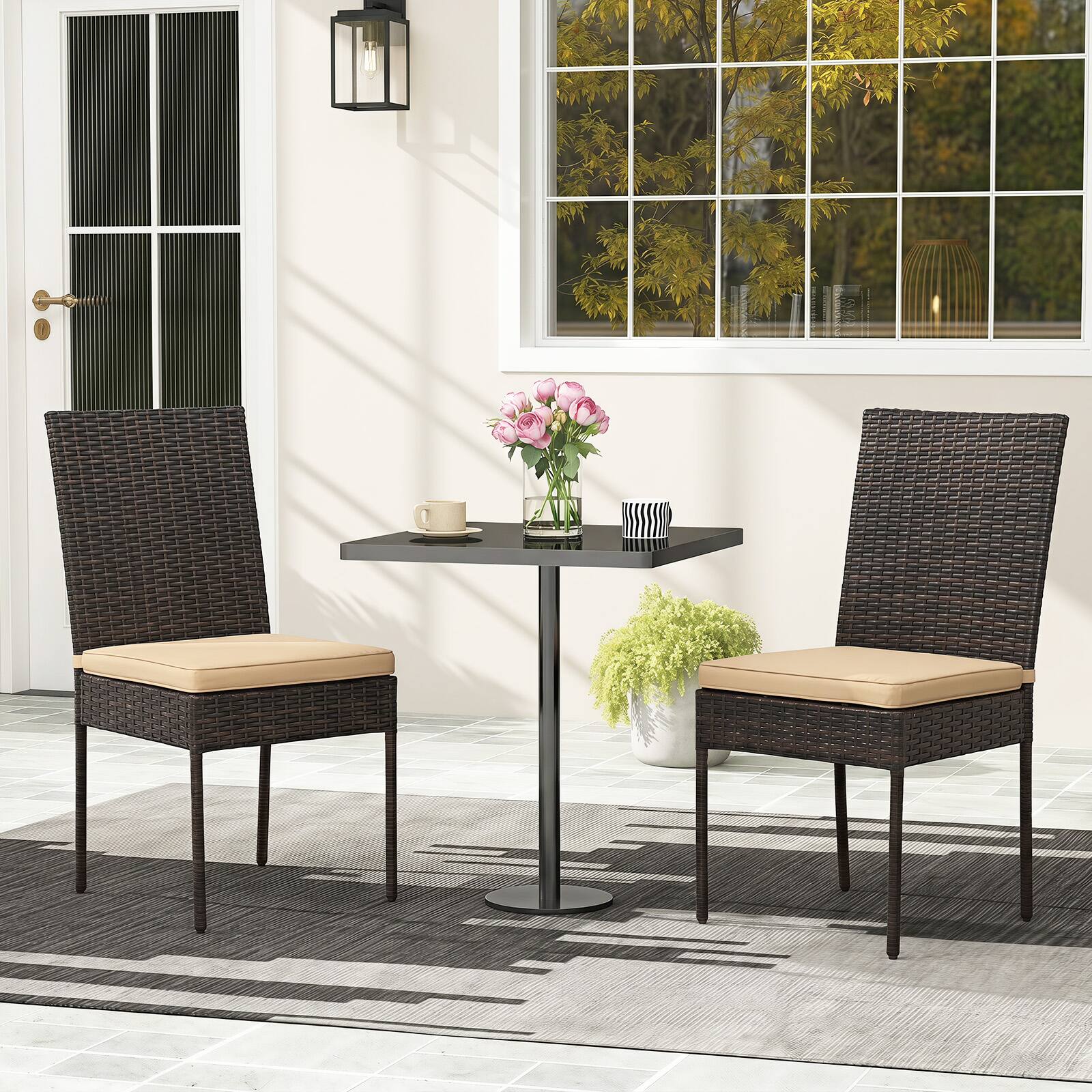 Alt View 5. Costway - Costway PE Wicker Patio Chairs Set of 4, Outdoor Dining Chairs with Cushions, Metal Frame - Brown + Beige.