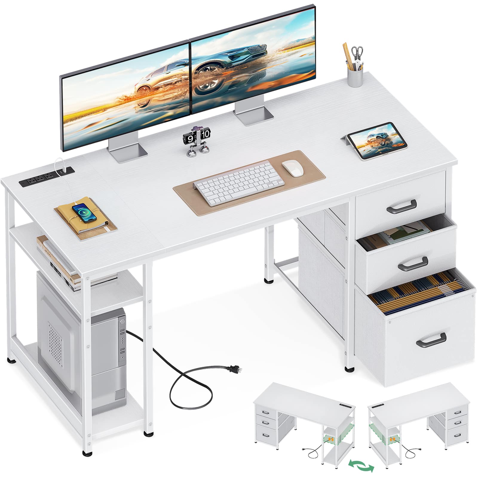 AODK - 51" Computer Desk with Fabric Drawers, USB Power Outlets, and Storage Shelves - White