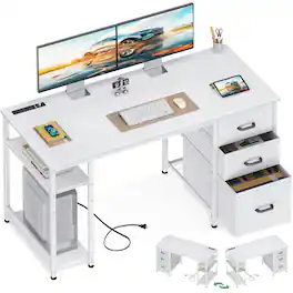 AODK - 51" Computer Desk with Fabric Drawers, USB Power Outlets, and Storage Shelves - White