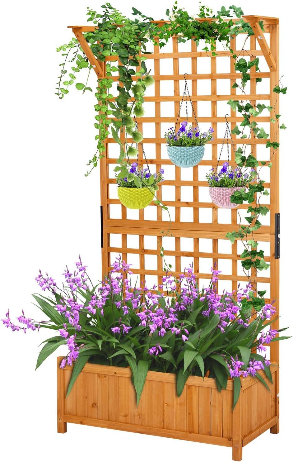 Back. Winado - Raised Garden Bed with Trellis, Natural Planter Box with Privacy Screen, 72 Inch Tall Wood Garden Boxfor Climbing Plants.