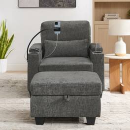 LUCKY ONE - Single Sofa Recliner w/ Manual Backrest USB Port Cup Holders Hidden Storage Ottoman - Gray