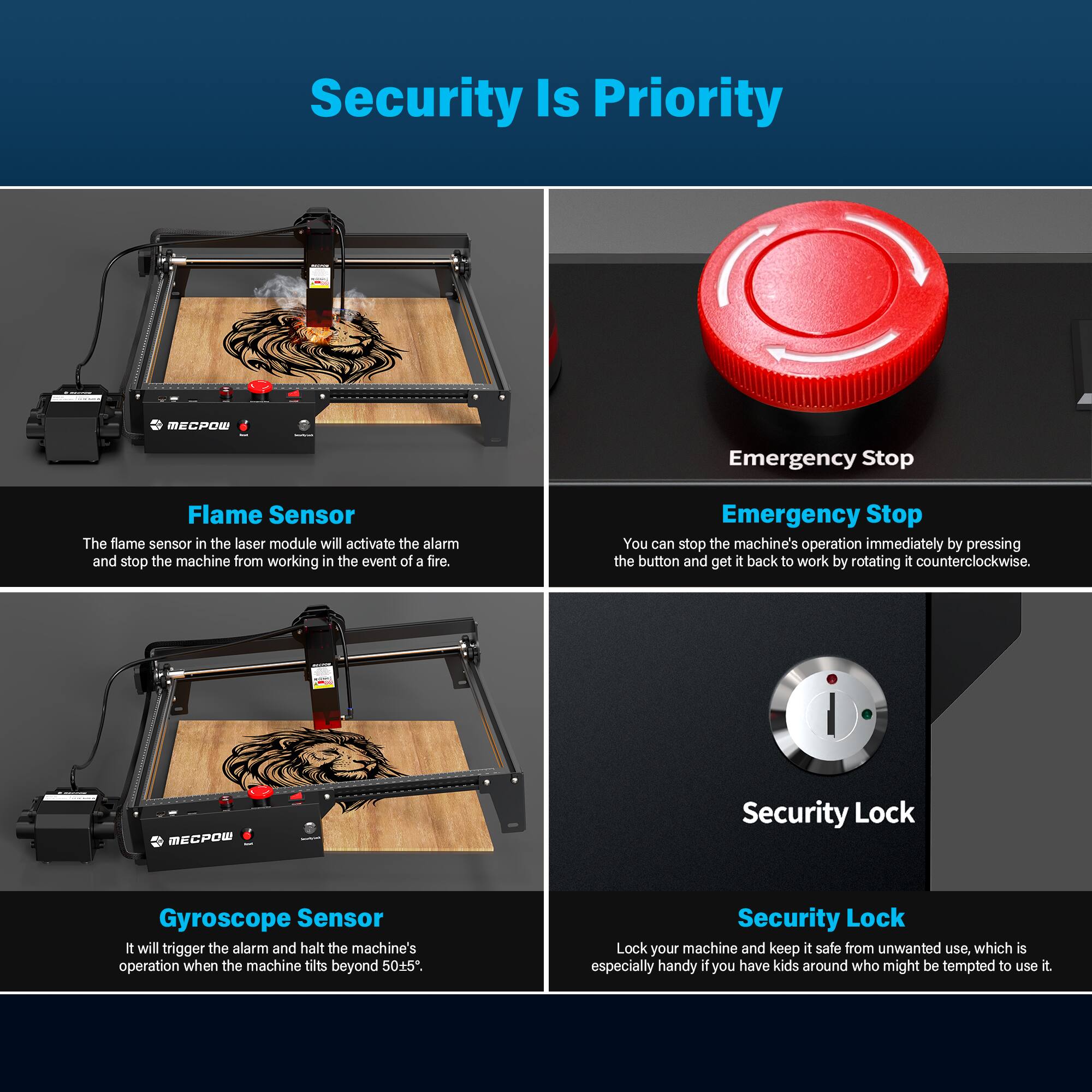 Security Is Priority

Emergency Stop

You can stop the machine's operation immediately by pressing the button and get it back to work by rotating it counterclockwise.

Flame Sensor

The flame sensor in the laser module will activate the alarm and stop the machine from working in the event of a fire.

Gyroscope Sensor

It will trigger the alarm and halt the machine's operation when the machine tilts beyond 505 degrees.

Security Lock

Lock your machine and keep it safe from unwanted use, which is especially handy if you have kids around who might be tempted to use it.