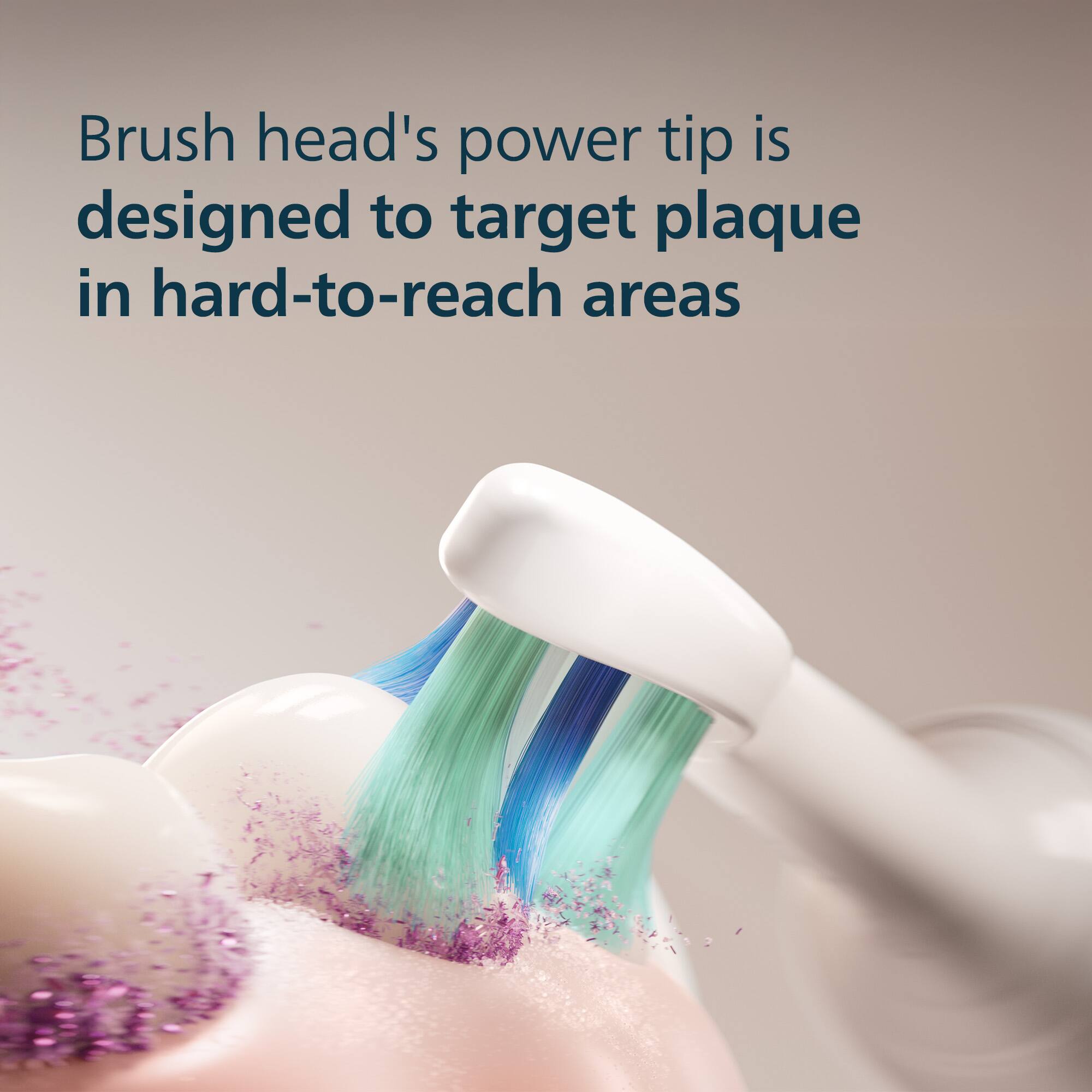 Brush head's power tip is designed to target plaque in hard-to-reach areas
