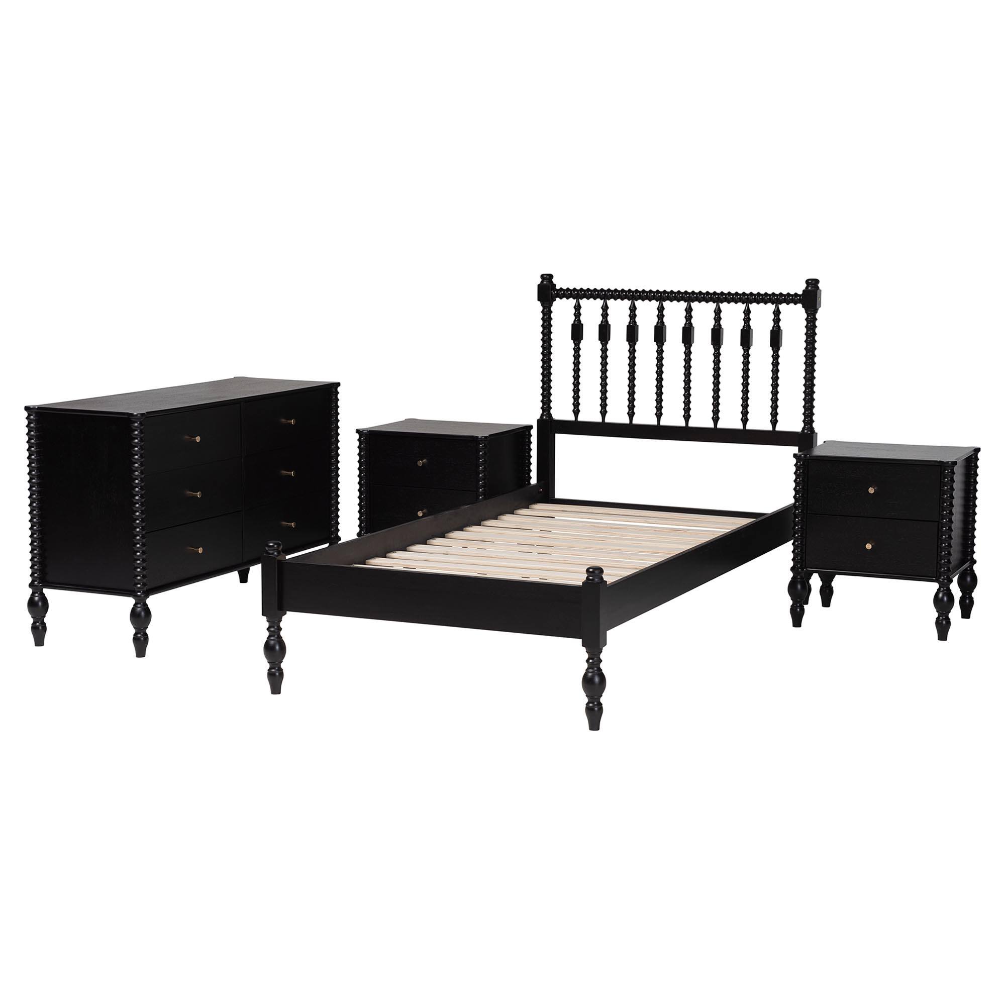 Angle. Baxton Studio - Callison Spindle 4-Piece Bedroom Set - Platform Bed with Matching Dresser and 2-Drawer Nightstands, Twin - Black.