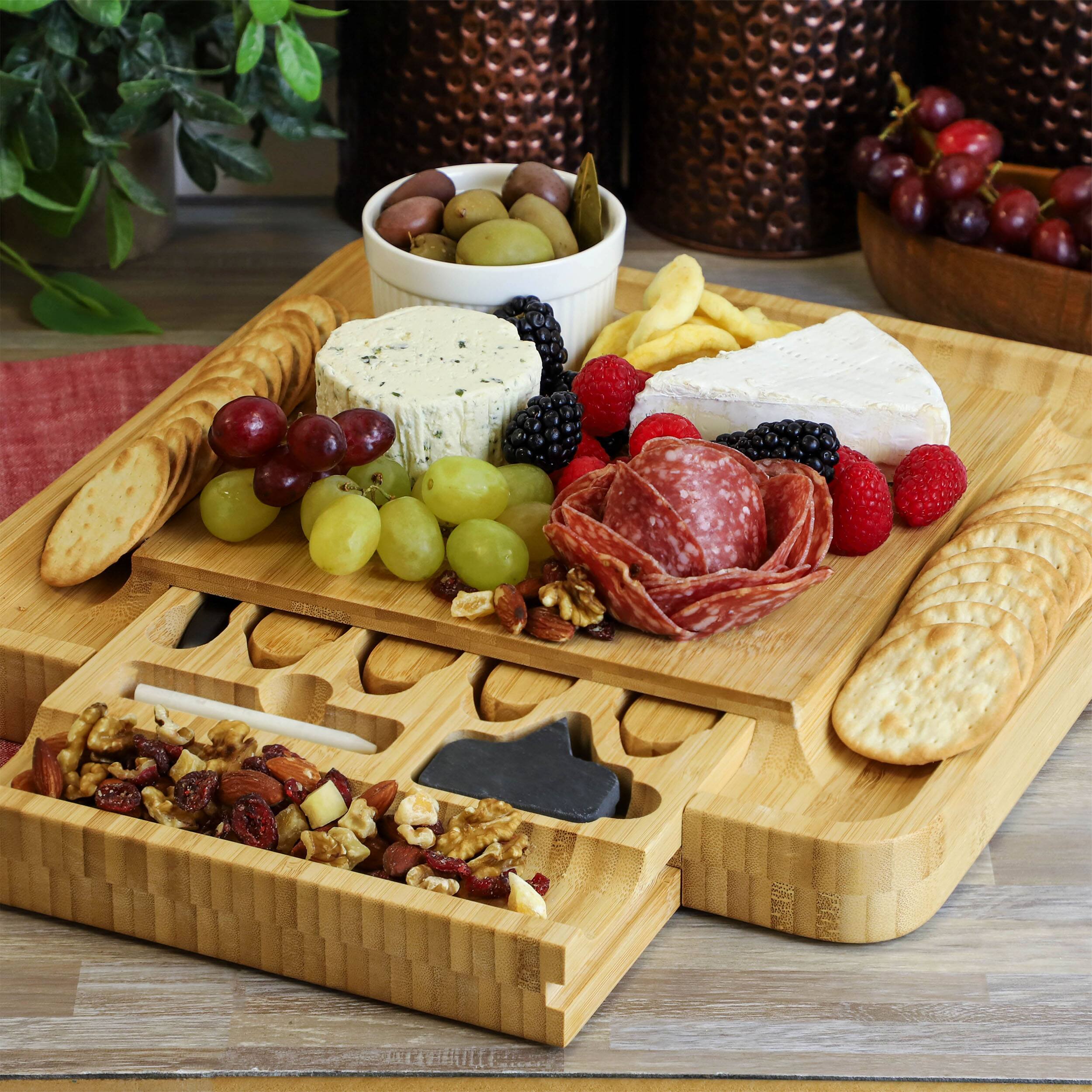 Alt View 8. MegaChef - MegaChef Bamboo Charcuterie Cheese Board w/ Drawer with Cheese Utensils, Bottle Opener, and 3 Piece Mini Chalkboard Set - Brown.