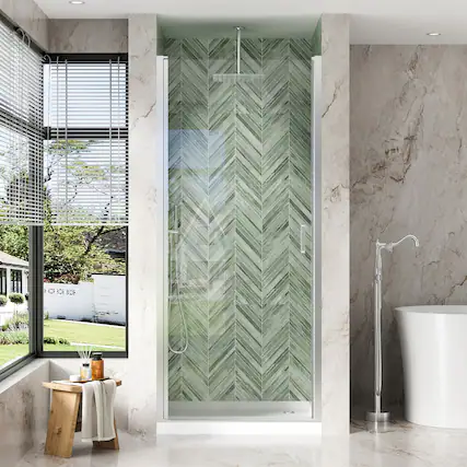 Front. WELLFOR - 34-7/16"-36"W x 72" H Semi-Frameless Pivot Shower Door -1/4 in. Tempered Glass, Easy Clean Coating - Chrome.