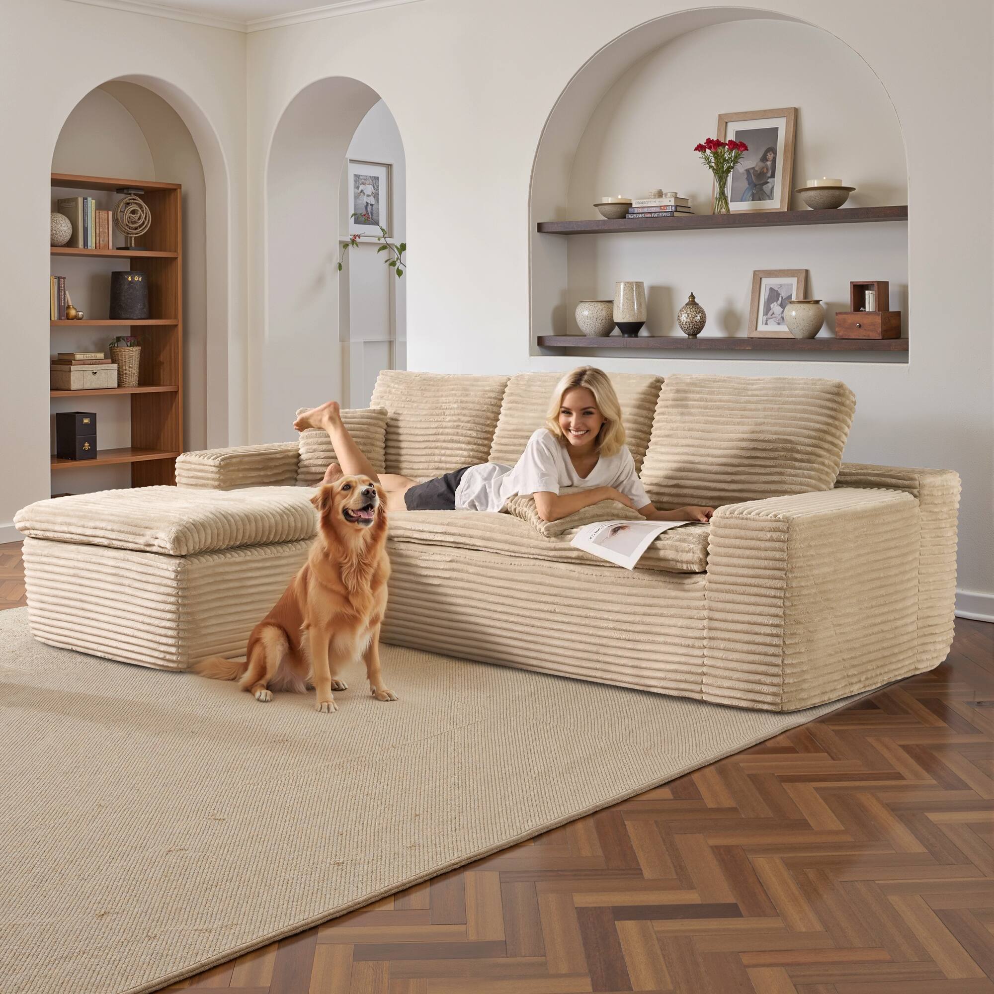 Alt View 2. Ovios - 2 Pieces Cloud Like Sectional Sofa, L-Shaped Couch with Chaise for Living Room - Beige(Plush, Left Facing).