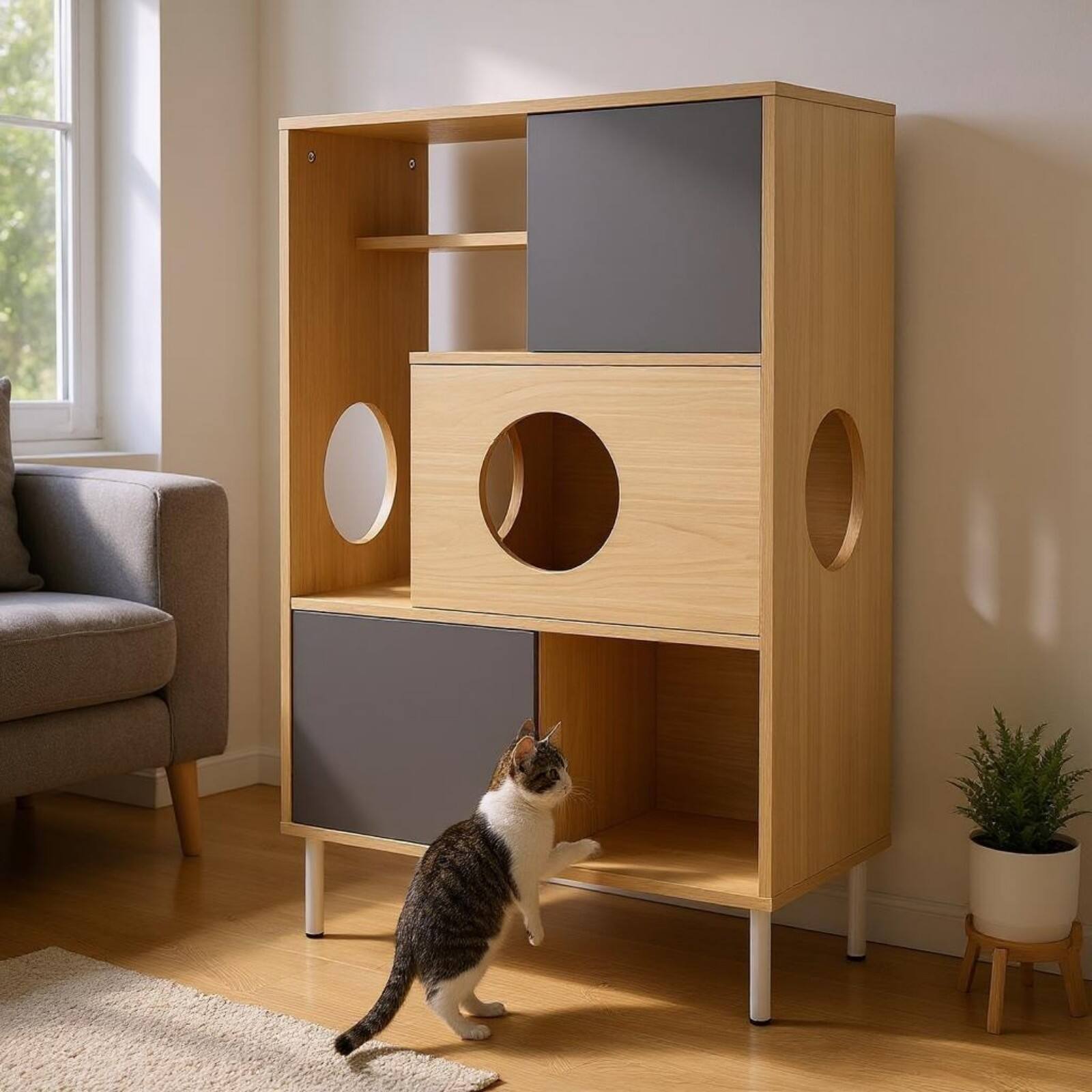 Alt View 7. Ecooso - 2 IN 1 Modern Cat Tree Bookshelf，Storage, Wood Bookcase，Litter Box Enclosure, Cat Climbing Shelves - Natural.