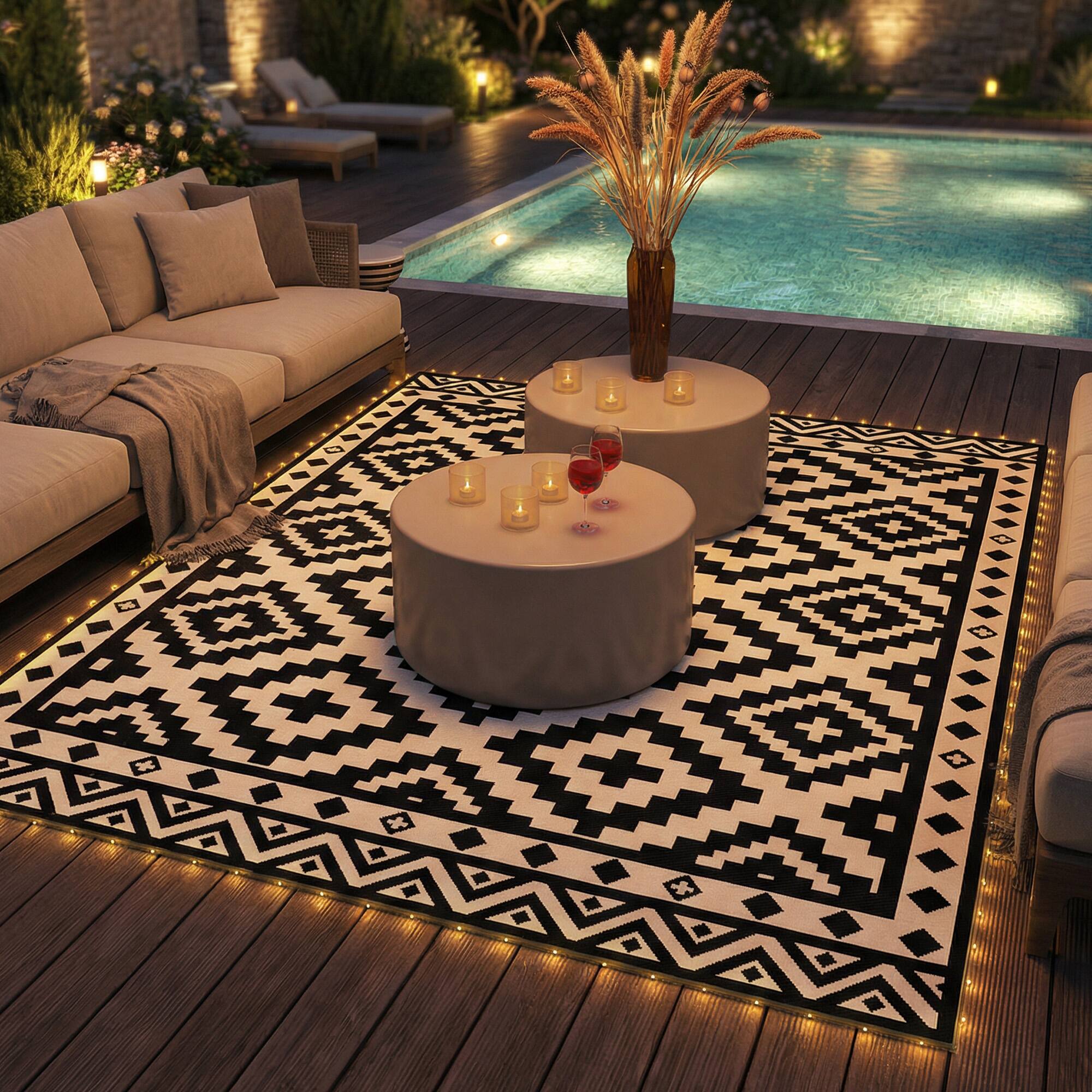 Alt View 8. Outsunny - Rug Carpet Reversible Plastic Straw Rug with LED Lights Black and White 12' x 9' for - Black, White.