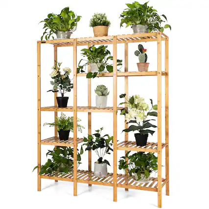 Front. Costway - Multifunctional Bamboo Shelf Storage Organizer Rack Plant Stand Display Closet - Natural.