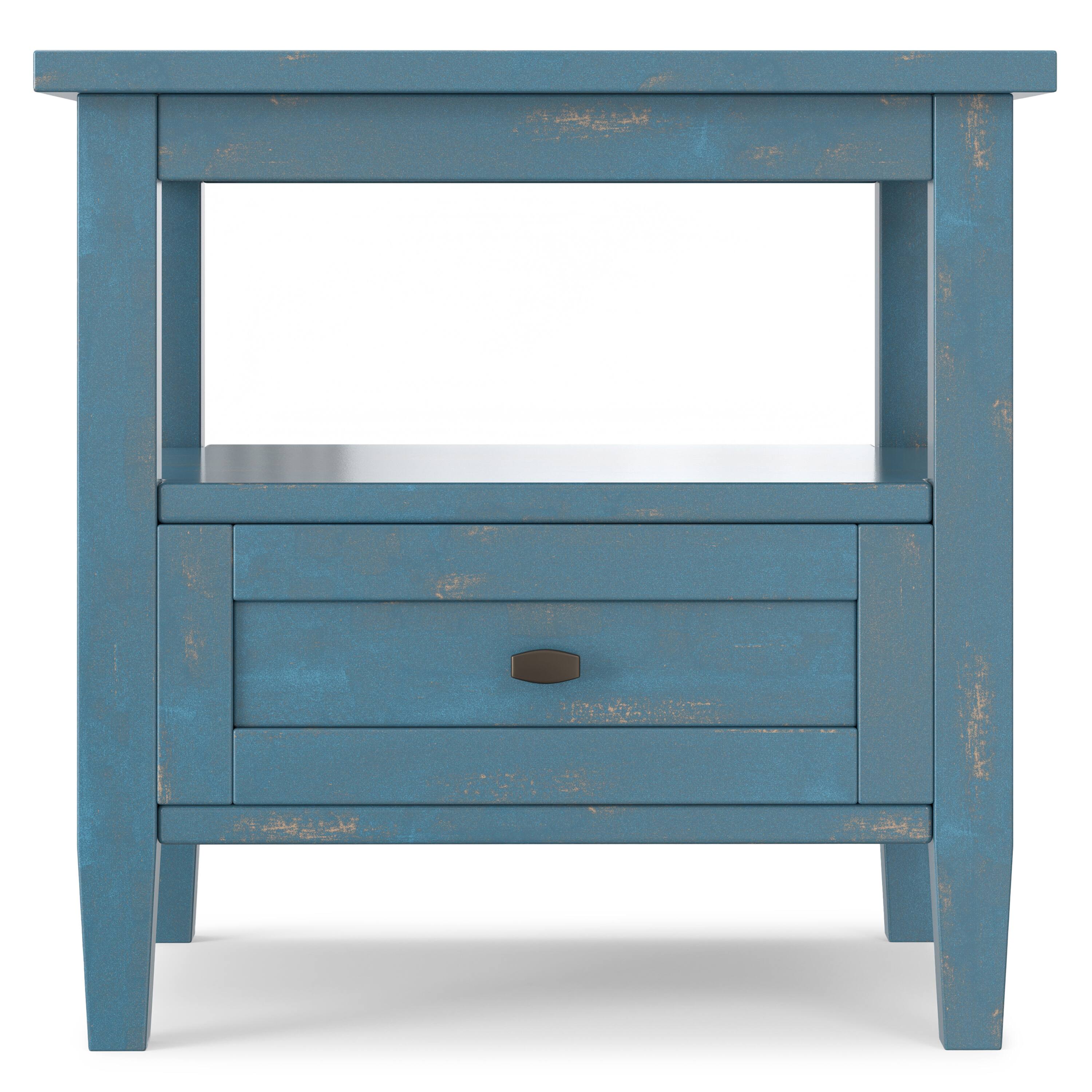 Left. Simpli Home - Warm Shaker Solid Wood 20 inch Wide Transitional End Table in Distressed Coastal Blue - Distressed Coastal Blue.