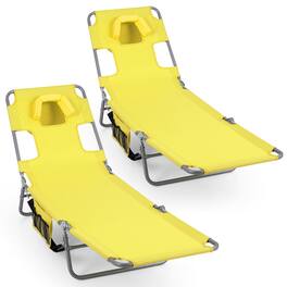 Gymax - 2PCS Tanning ChairFolding Beach Lounge Chair w/5-Position Adjustable Backrest - Yellow