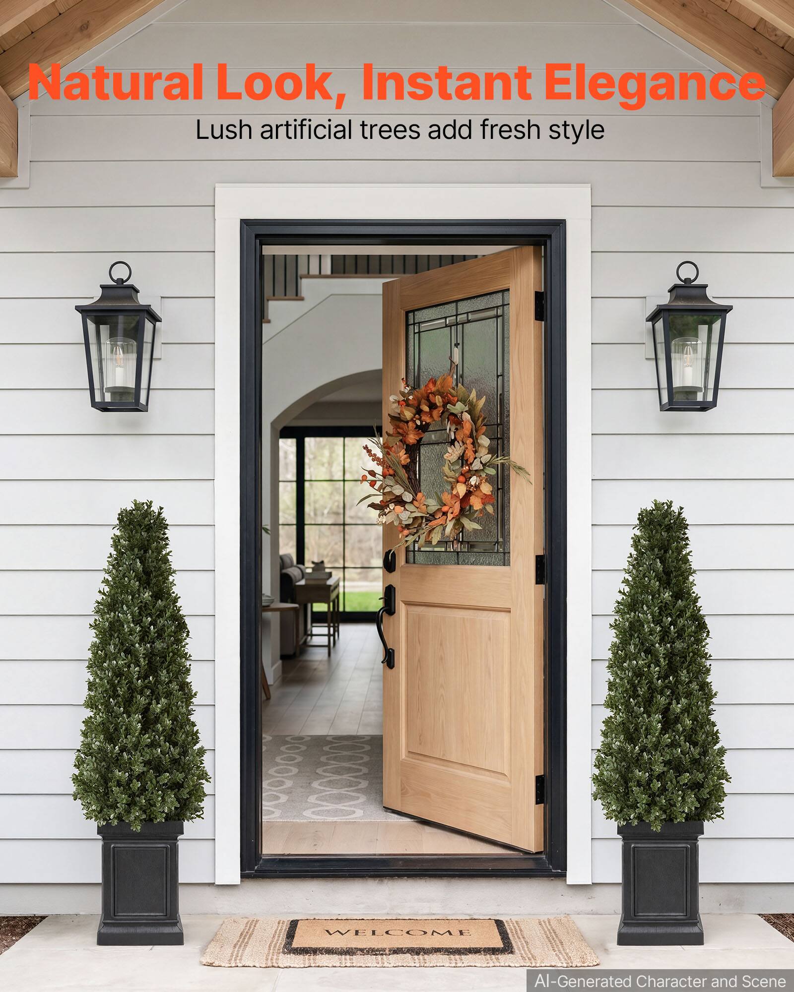 Natural Look, Instant Elegance  
Lush artificial trees add fresh style  

WELCOME  

AI-Generated Character and Scene