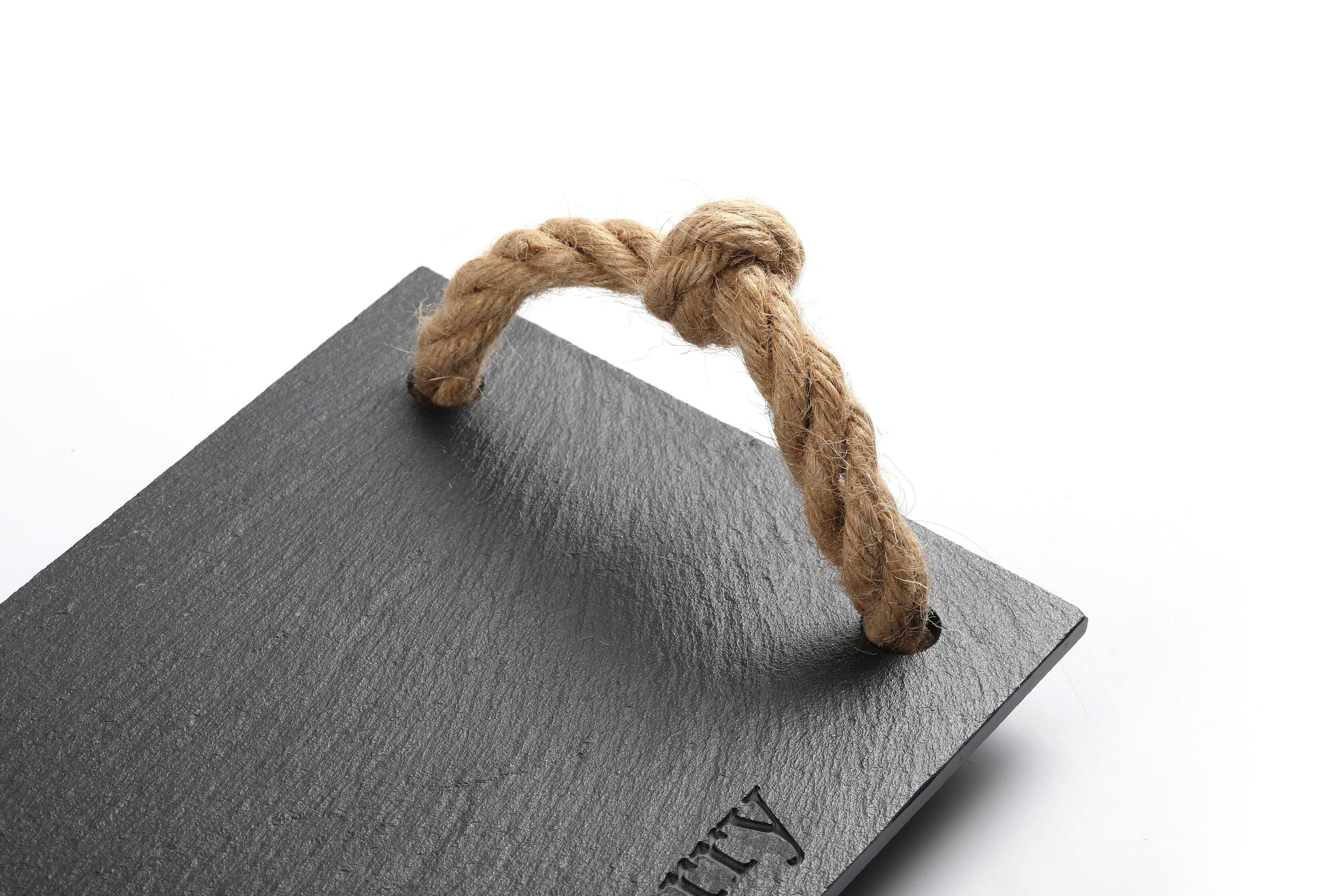 Left. Uber Appliance - Elegant Rectangular Slate Stone Serving Tray with Jute Rope Handles - Black.