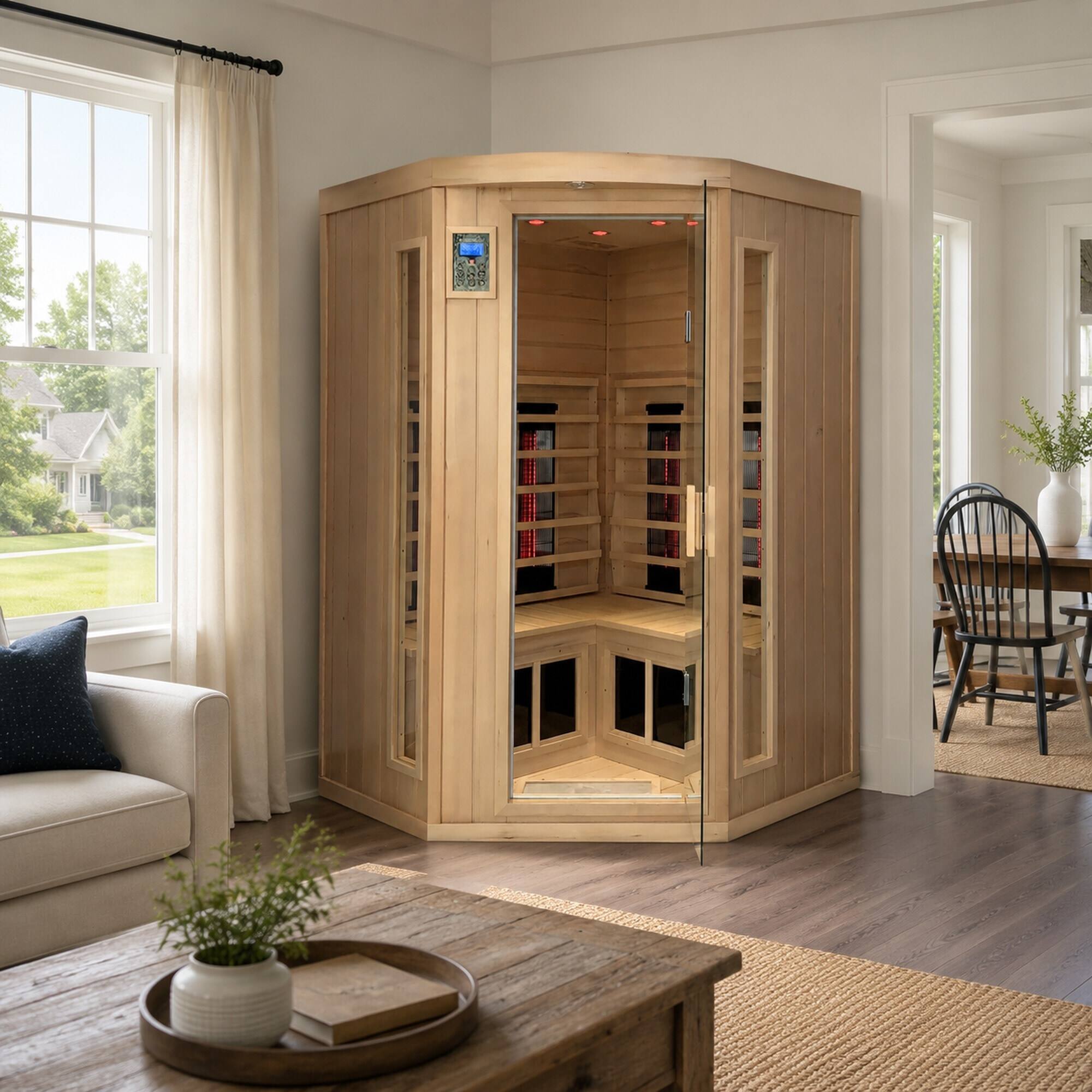 Alt View 1. RYHNUYNE - Hemlock Wood Pentagonal Far Infrared Sauna, Double Opening Glass Doors, Indoor Home Relaxation, Carbon Crystal Heating - Natural.