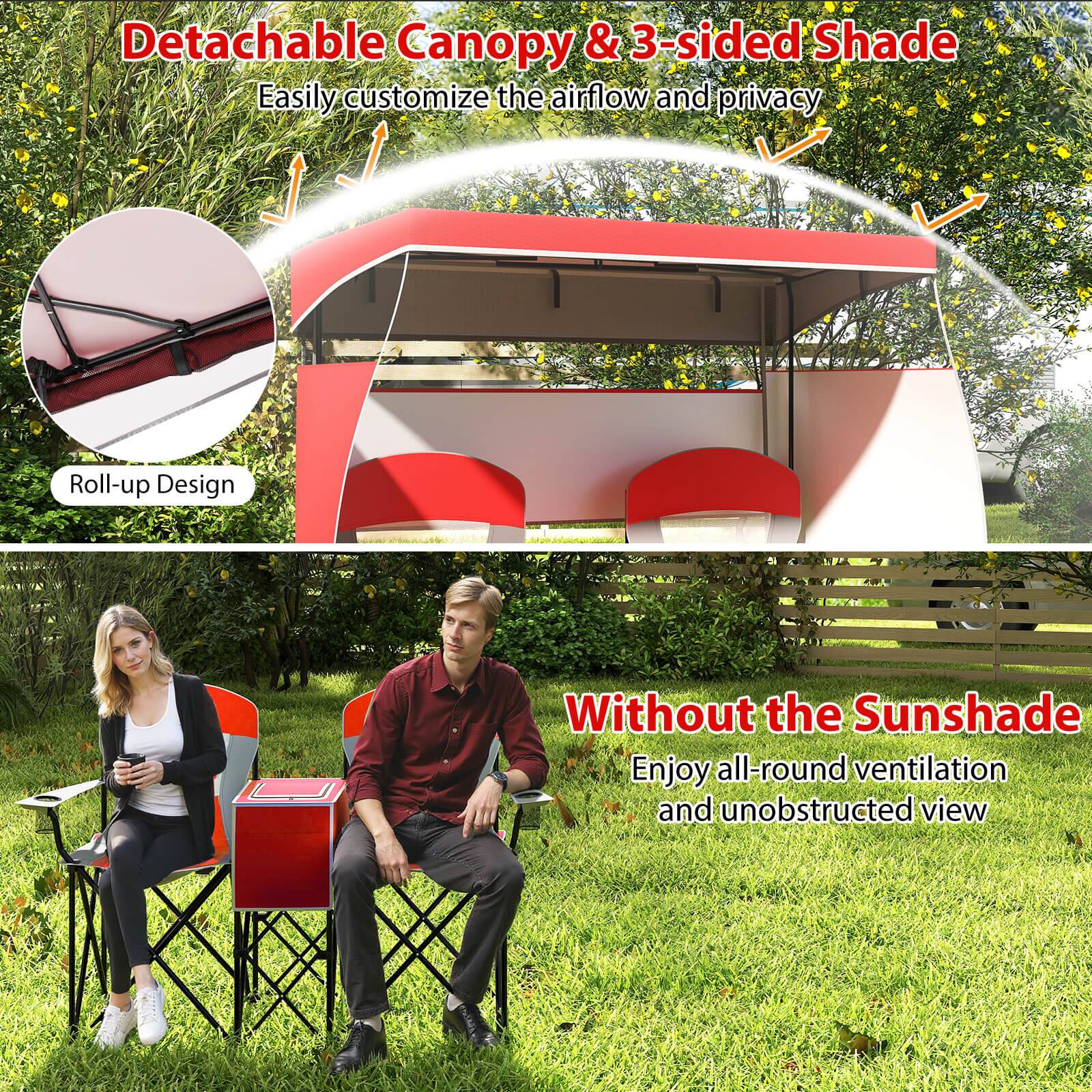 Detachable Canopy & 3-sided Shade  
Easily customize the airflow and privacy  

Roll-up Design  

Without the Sunshade  
Enjoy all-round ventilation and unobstructed view