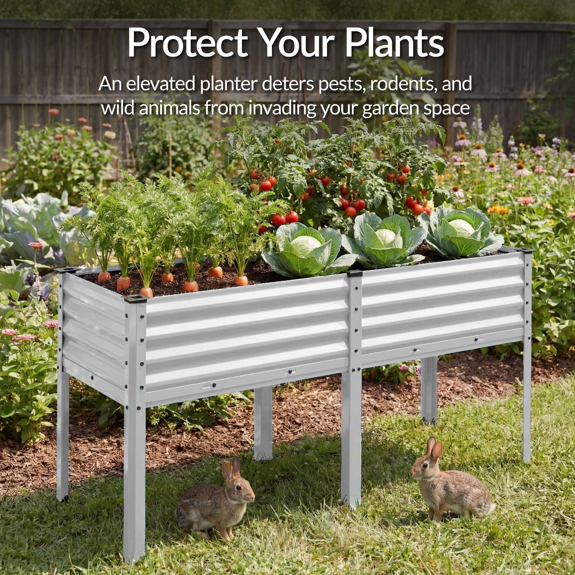 Protect Your Plants

An elevated planter deters pests, rodents, and wild animals from invading your garden space