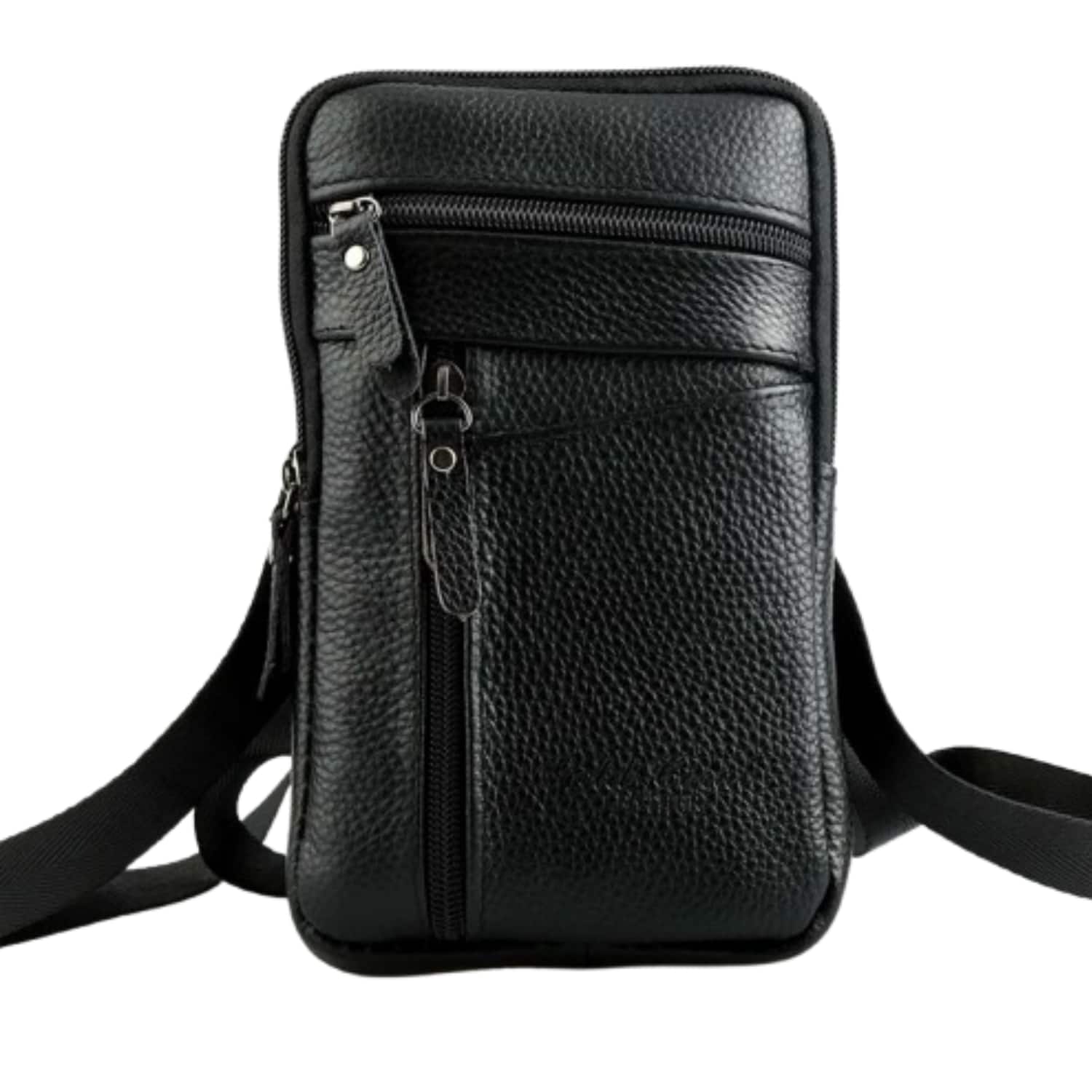 Stock Preferred - Men’s Leather Cell Phone Belt Bag - Black