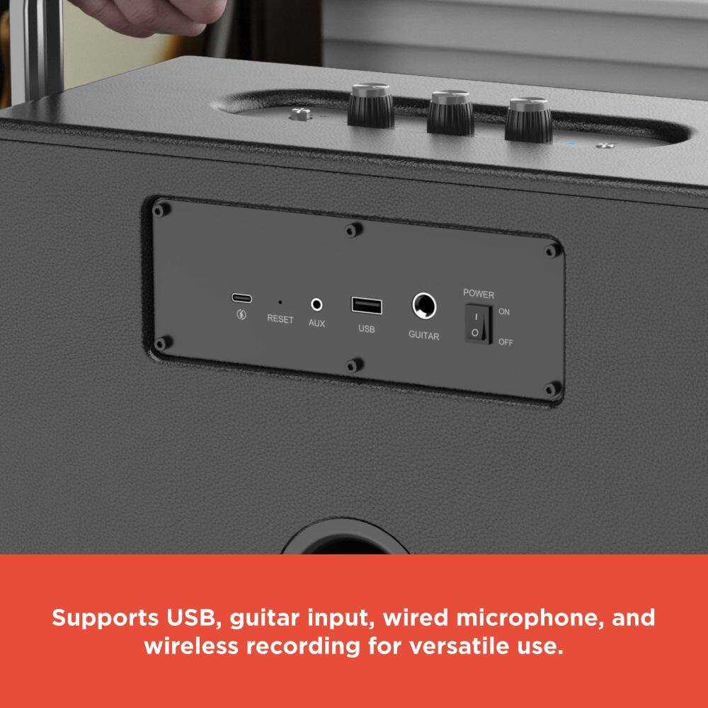 i RESET AUX USB GUITAR POWER ON I o OFF

Supports USB, guitar input, wired microphone, and wireless recording for versatile use.