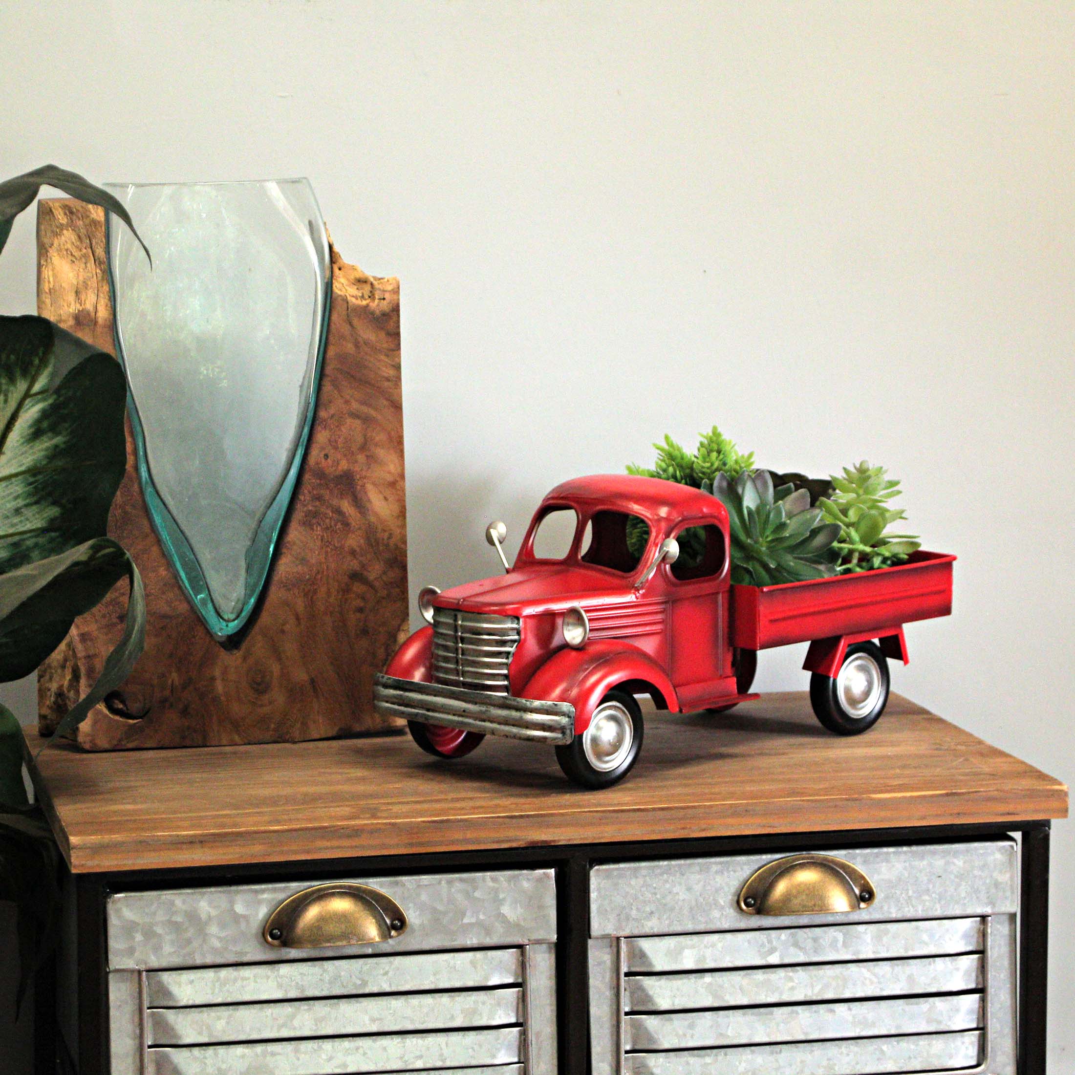 Alt View 4. Zeckos - Vintage Red Truck Metal Planter – Nostalgic Decor for Indoors & Outdoors - Red.