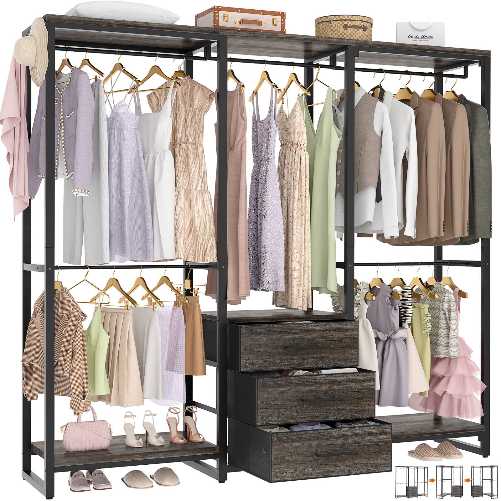 Left. Aheaplus - Sturdy Metal Garment Rack with 3 Fabric Drawers, Wall Mounted Clothing Rack with 5 Hanging Rods & Storage Shelves - Gray Oak.