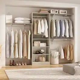 Aheaplus - 8FT Wall Mounted Closet System, 96'' Closet Organizer with 3 Shelving Towers, 3 Hanging Rods and Shelves, Cut to Fit - Beige Oak