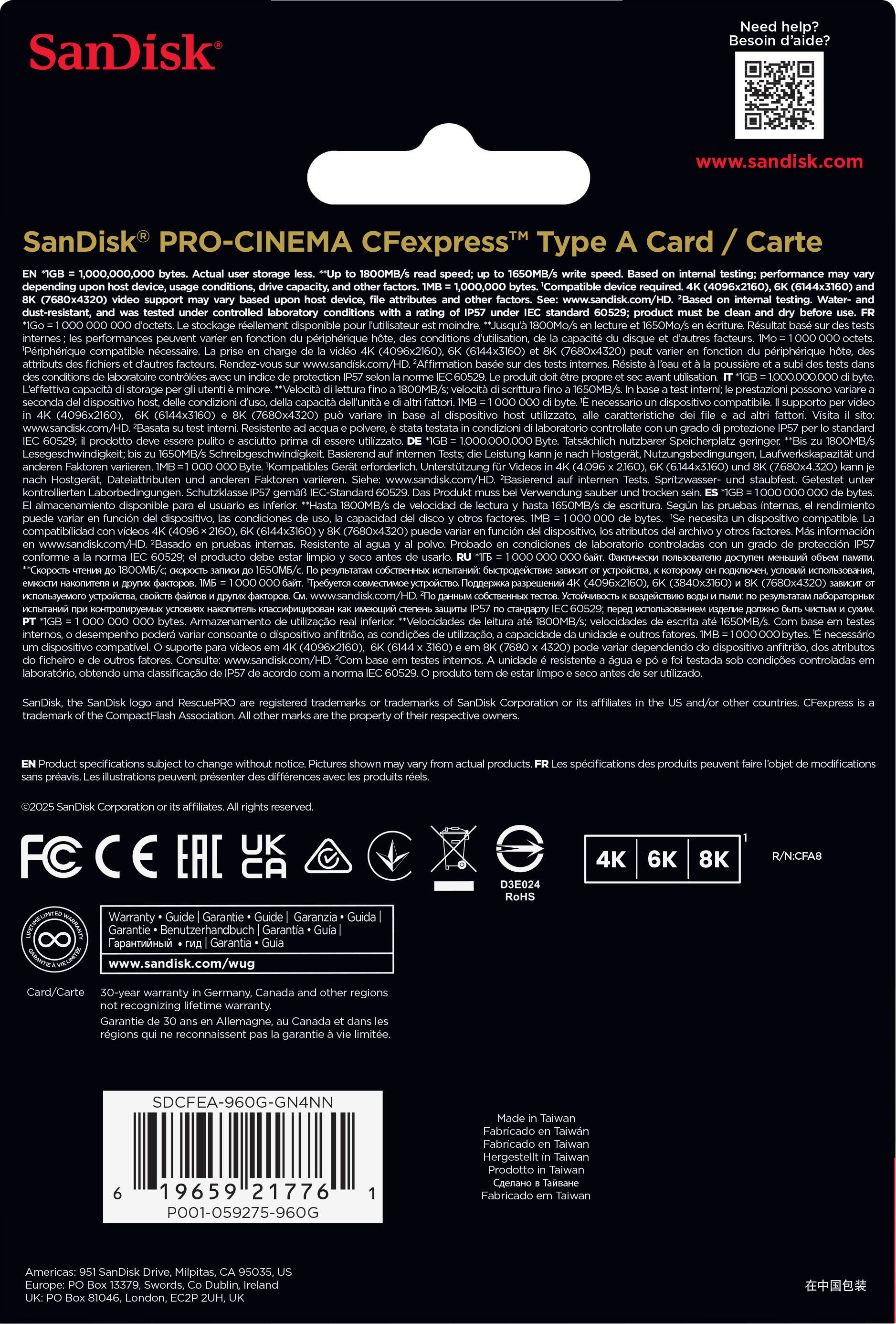 SanDisk PRO-CINEMA CFexpress Type A storage speed, 1650MB/s. Testing: performance depending on conditions, capacity. 1,000,000 Compatible required. (4096x2160), (6144x3160) (7680x4320) support device, attributes testing. Dust-resistant, controlled laboratory conditions standard 60529; product d'octets stockage rellement disponible utilisatour moindre. Jusqu'a internes performances peuvent fonction priphrique conditions d'utilisation capacit Perphrique compatible necessaire charge (4096x2160). (6144x3160) (7680x4320) fonction priphrique Rendez-vous poussiere conditions laboratoire contrles protection produit utilisation L'effettiva capacit storage *Velocit 1800MB/s: 165OMB/S prestazioni seconda dispositivo capacit dell'unit dispositivo supporto (4096x2160), (6144x3160) (7680x4320) dispositivo utilizzato caratteristiche polvere, controllate prodotto asciutto utilizzato Tatsachlich Speicherplatz 165.