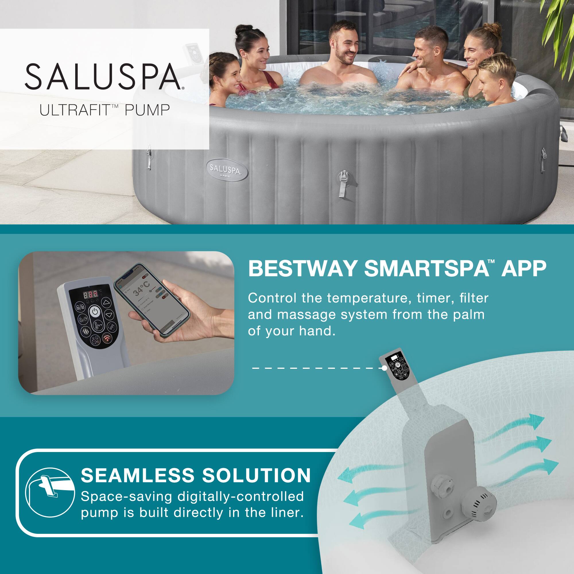 SALUSPA  
ULTRAFIT™ PUMP

BESTWAY SMARTSPA™ APP  
Control the temperature, timer, filter and massage system from the palm of your hand.

SEAMLESS SOLUTION  
Space-saving digitally-controlled pump is built directly in the liner.