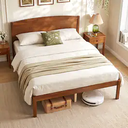 Gymax - Full Size Wooden Platform Bed Frame w/Curved Headboard Solid Pine Wood Legs Walnut - Brown