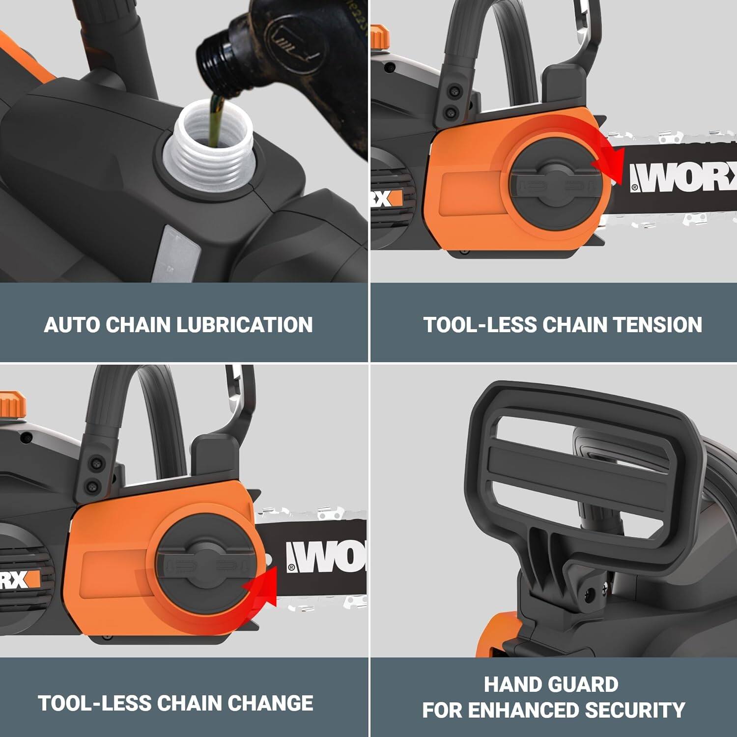 The image features an orange tool with a chain on it, which is an auto chain lubrication tool. The tool is designed to lubricate the chain of a motorcycle, making it easier to maintain and reducing the risk of wear and tear. The tool is also equipped with a hand guard for enhanced security, ensuring the user's hand is protected while operating the tool.