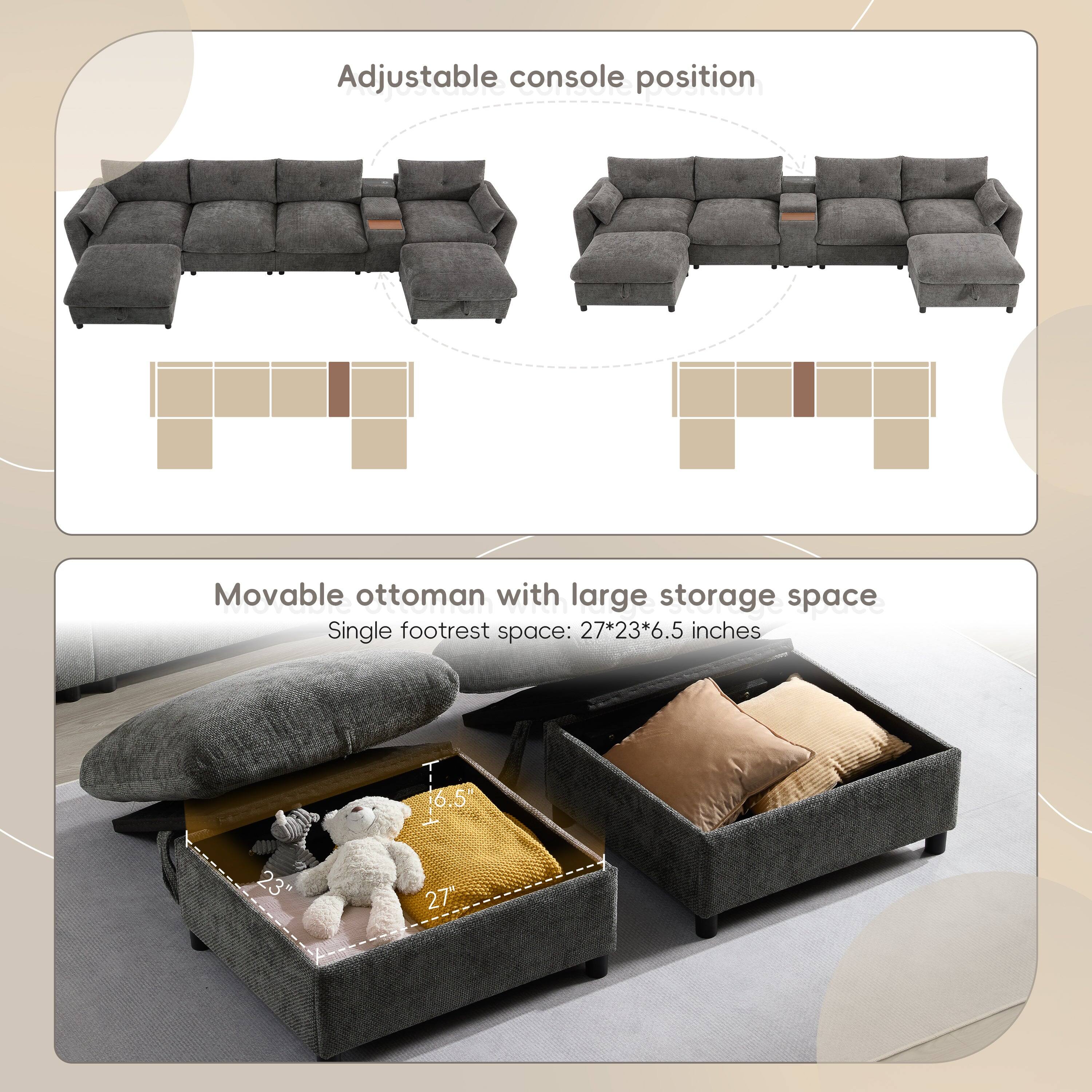 Adjustable console position

Movable ottoman with large storage space
Single footrest space: 27*23*6.5 inches