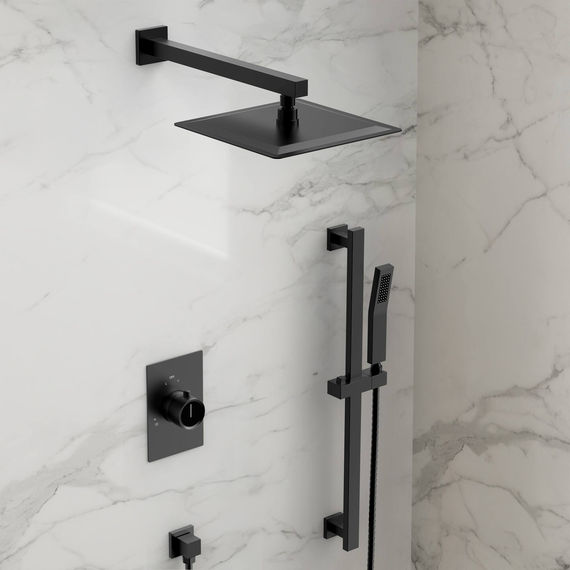 Angle. GRANDJOY - 10" High Pressure Rain Shower System with Handheld Shower and 2-Function Mixer Valve - Matte Black.