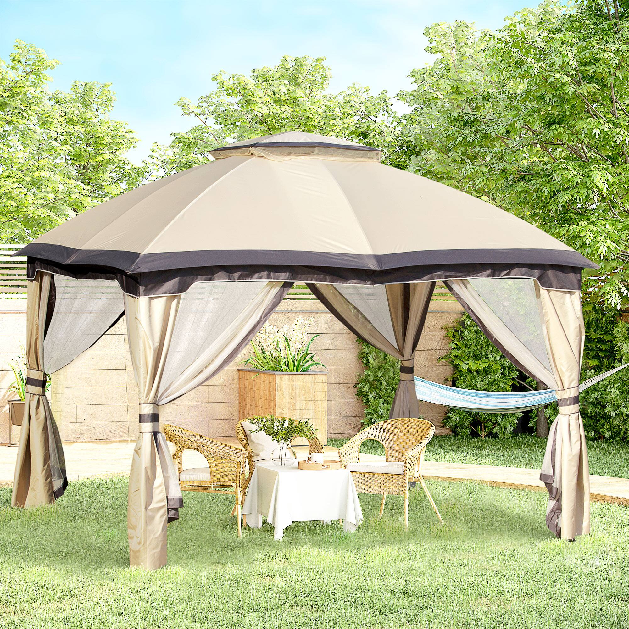 Angle. Outsunny - 10' x 12' Outdoor Gazebo, Patio Gazebo Canopy Shelter w/Double Vented Roof, Zippered Mesh Sidewalls - Beige.